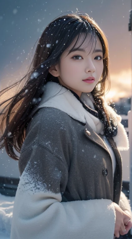 (komono)、、(quality,masterpiece:1.3,超高分辨率,),(ultra - detailed,Caustics),(真实感:1.4,RAW shooting,)Hyper-realistic capture,A very detailed one,HD 16K human skin、 Natural skin texture、、Skin looks healthy、even skintone、 Use natural light and color,A woman who is,,,kawaii,A brunette one,mid hair,(depth of fields、color difference、、Wide range of lighting、naturalshadow、)、、(Falling snow:1.3)、(Hair swaying in the wind:1.2)、(Snow reflects light:1.3)