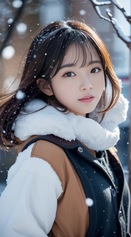 (komono)、、(quality,masterpiece:1.3,超高分辨率,),(ultra - detailed,Caustics),(真实感:1.4,RAW shooting,)Hyper-realistic capture,A very detailed one,HD 16K human skin、 Natural skin texture、、Skin looks healthy、even skintone、 Use natural light and color,A woman who is,,,kawaii,A brunette one,mid hair,(depth of fields、color difference、、Wide range of lighting、naturalshadow、)、、(Falling snow:1.3)、(Hair swaying in the wind:1.2)、(Snow reflects light:1.3)
