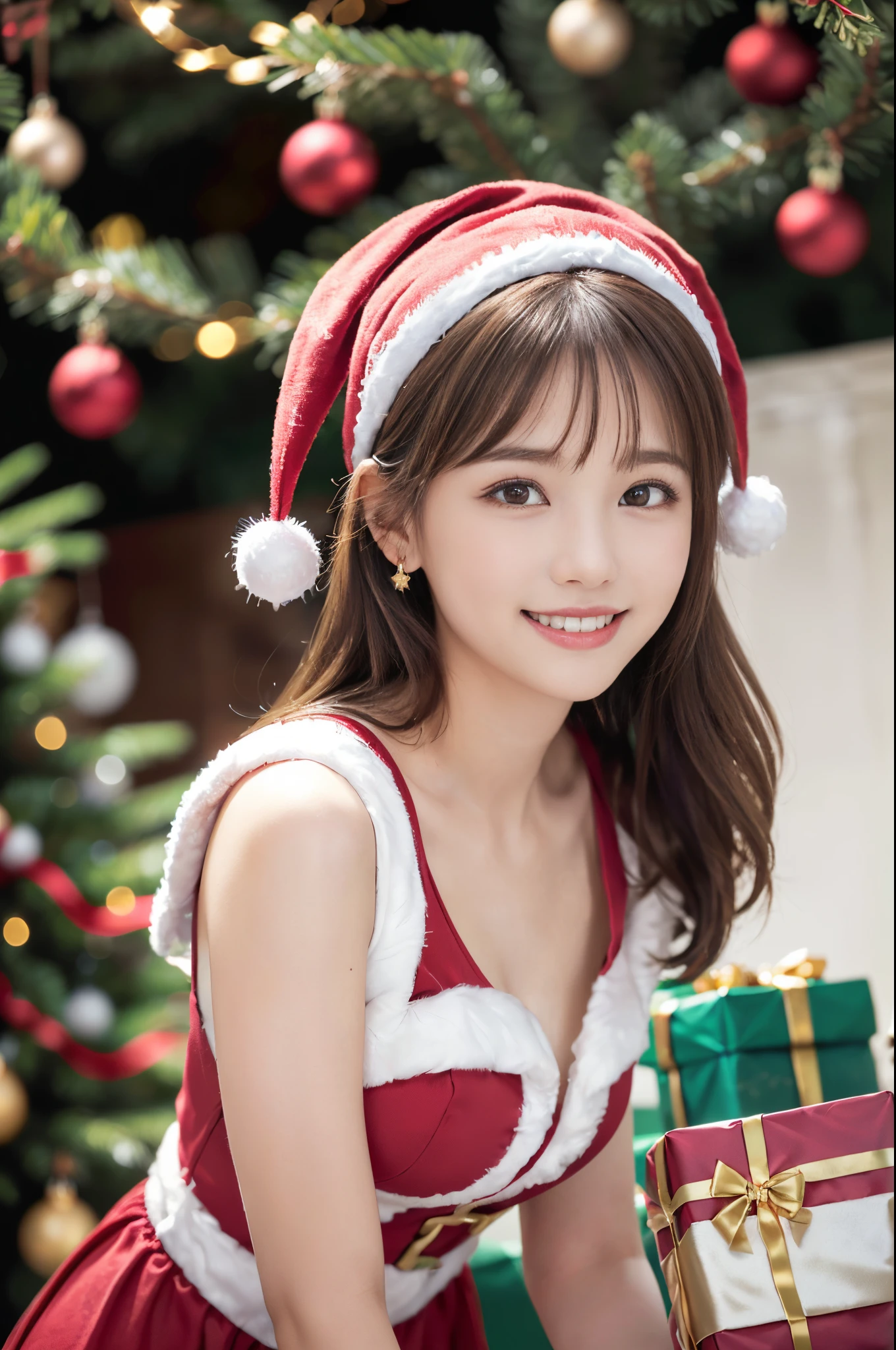 Japanese ido ,((Cute ,:1.2)),(8K, Raw photo, ultra-detailliert, Best Quality:1.2), (Realistic, Photorealsitic:1.4), (Insanely detailed, 超A high resolution ,Beautiful, masutepiece:1.2), ,very detailed face and eyes,Shiny skin,(Upper body:1.Professional Lighting,Soft light, Sharp Focus, depth of fields,Medium Hair,Earring, ( Christmas Costumes:1.2),(Smile:1.3),Bokeh,(Dynamic Angle:1.5),( christmas tree and presents」 - There is a large Christmas tree in the center、It is surrounded by colorfully wrapped gifts.。. The tree is decorated with gold and silver ornaments, Topped with shining stars:1.3)