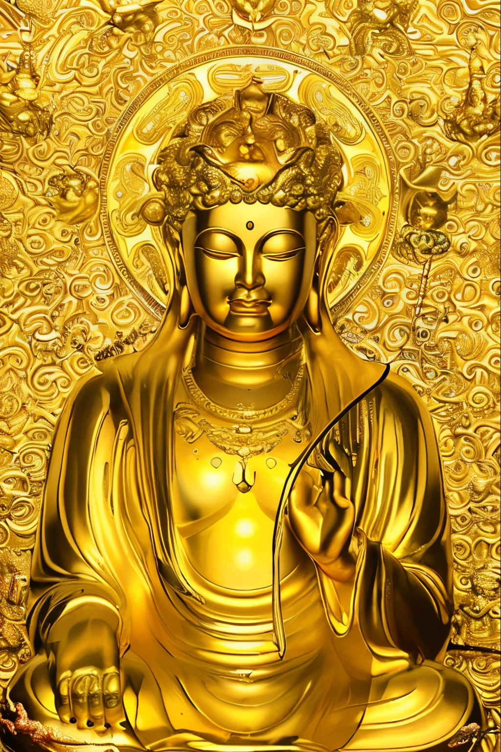 Highly detailed portrait of a huge golden Buddha with a halo of the sun god,golden colored,unrealengine,The art of Mark Ryden,Lost fish,Earl Nolen,globalillumination,godrays,Detailed and complex environment ring styles