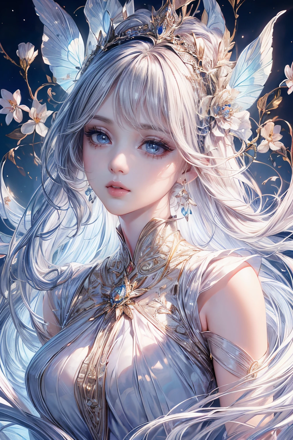 (best quality,8k,CG,beautiful detailed upper body,lonely,thumb girl,translucent court dress,floral background,complex facial features,long,flowing hair,almond-shaped eyes,exquisite eye makeup,long fluttering eyelashes,blinking big eyes,starlit,exquisite lip details,soft and harmonious style)