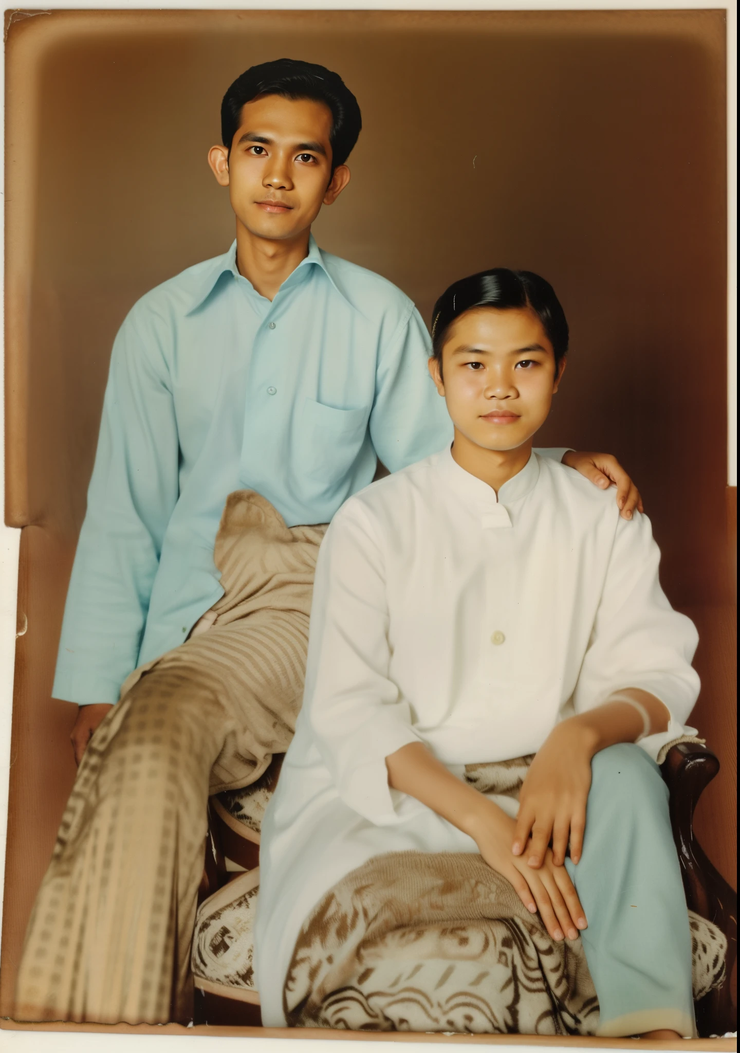arafed photo of a man and woman sitting on a couch, old picture, hi - res scan, hi-res scan, old photo, portait image, old photograph, old color photograph, barong family member, colored photo, portrait of two people, barong family, damaged photo, photo portrait, color photograph, couple, old style photo