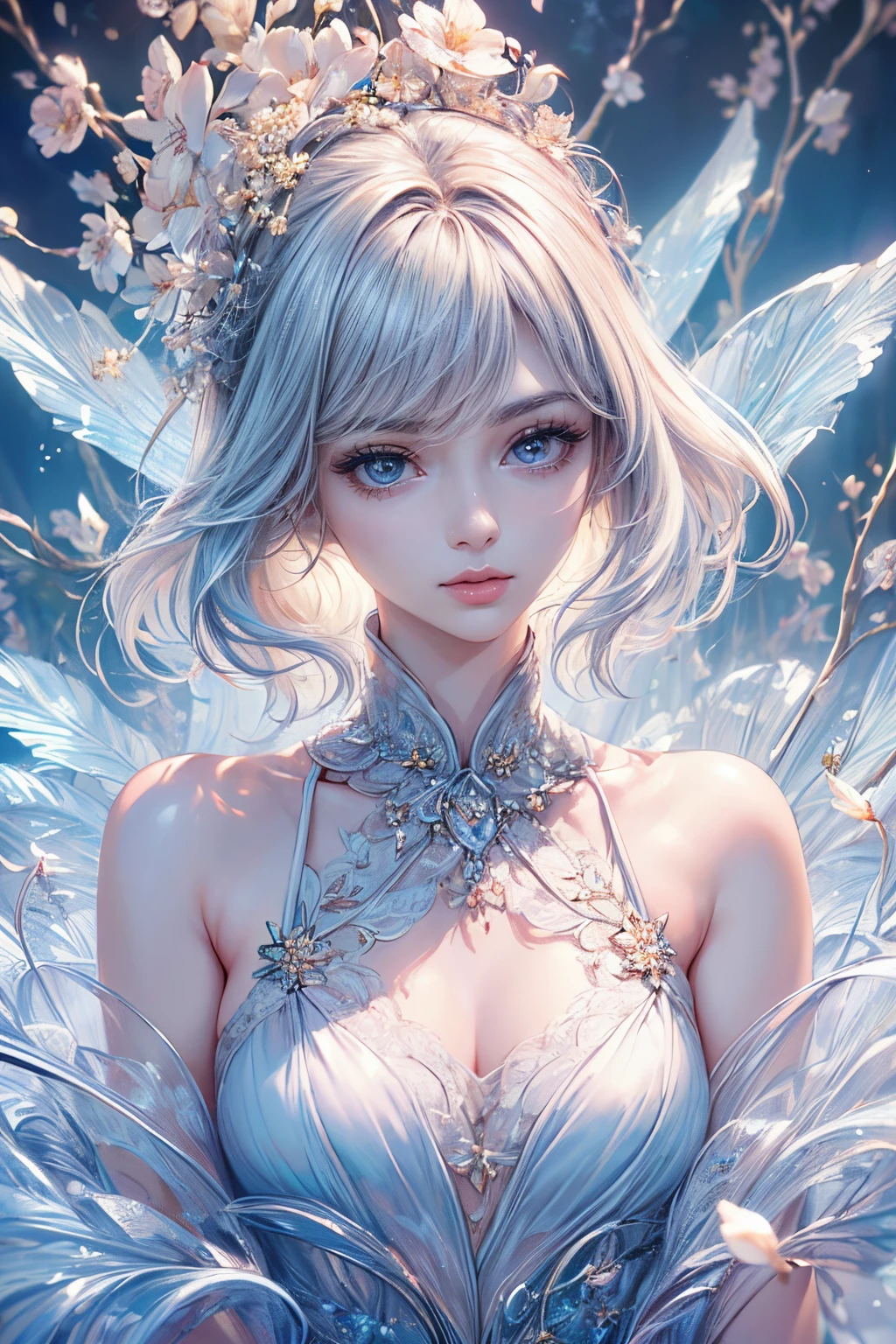1girl, slender, masterpiece, best quality, absurdres, silver hair, white angel wings, (white lace frills dress, geometric arabesque patterns, abstract zentangle background:1.4), cyan edge lines, bloom, glow, wide angle, dynamic lighting, dramatic lighting, photorealistic, highres, detailed face and eyes, sharp pupils, realistic pupils, sharp focus, (highest detailed, extreme detailed, ultra detailed, finely detail:1.5), --s2