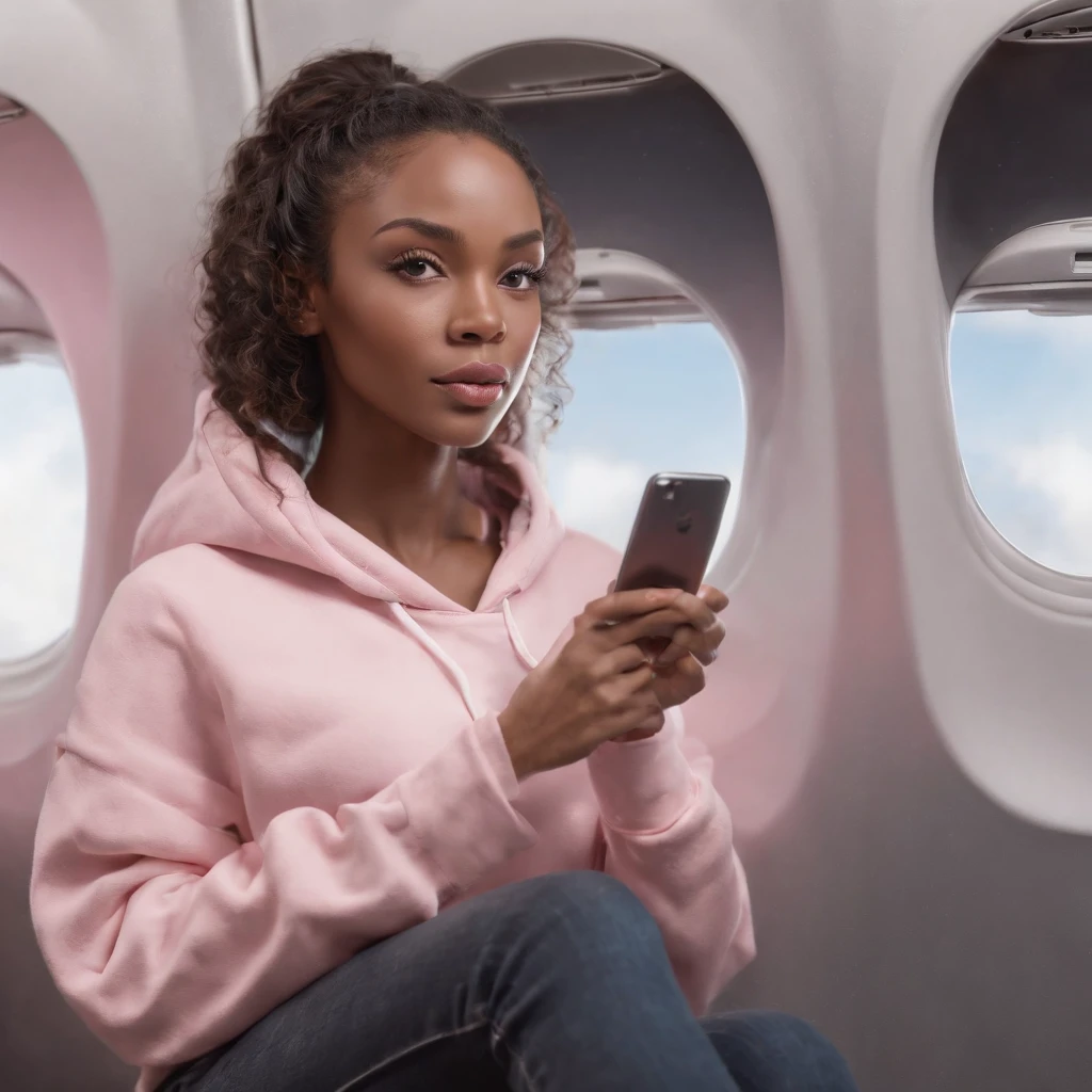 ((Dark African skin, Very deep ebony skin)), ((Its beauty undeniable)), ((Excited cute face)), ((Hyper detailed perfect eyes,)), ((pose mignonne)), ((Langue sortie)), ((Seductive )), sexy, (( Cozy light pink hoodie, Long yoga pant, wearing pink apple AirPods Max headphone)), ((Afro ponytail with long African curly hair,)), (( peau)), ((debout, vue de face)), ((toucher ses propres jambes dans une pose sexy)), ((Sitting inside airplane, traveling, business class, Ville publique, airplane)), Sharp Focus CGI, photoreallistic, High detail, Realstic, Masterpiece, absurdes, Best quality, Hdr, High quality, high-definition, Extremely detailed, 8k wallpaper, Intricate details, 8K UHD, Full-HD, (photo realist:1.2), contraste, intense illumination, lighting cinematic, natural lighting, veilleuse, Nuit, Illumination globale, sitting in airplane, travelling, airplane, watching to tv screen, a la piscine African women、Female sexy、focused face, people, holding water bottle in hand
