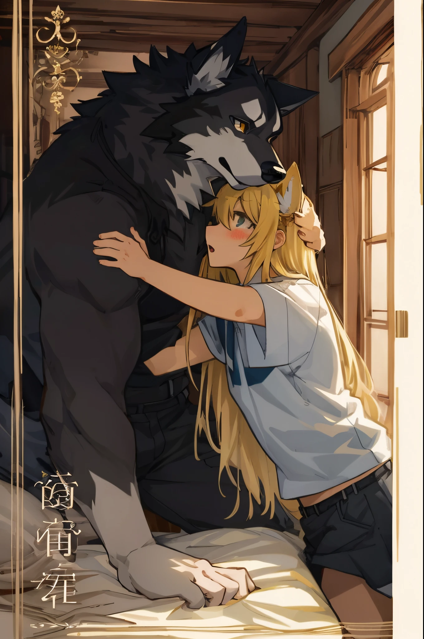 High-quality illustrations, doujinshi cover_page, highres, absurdres, The story of the meeting of a girl and a wolf,