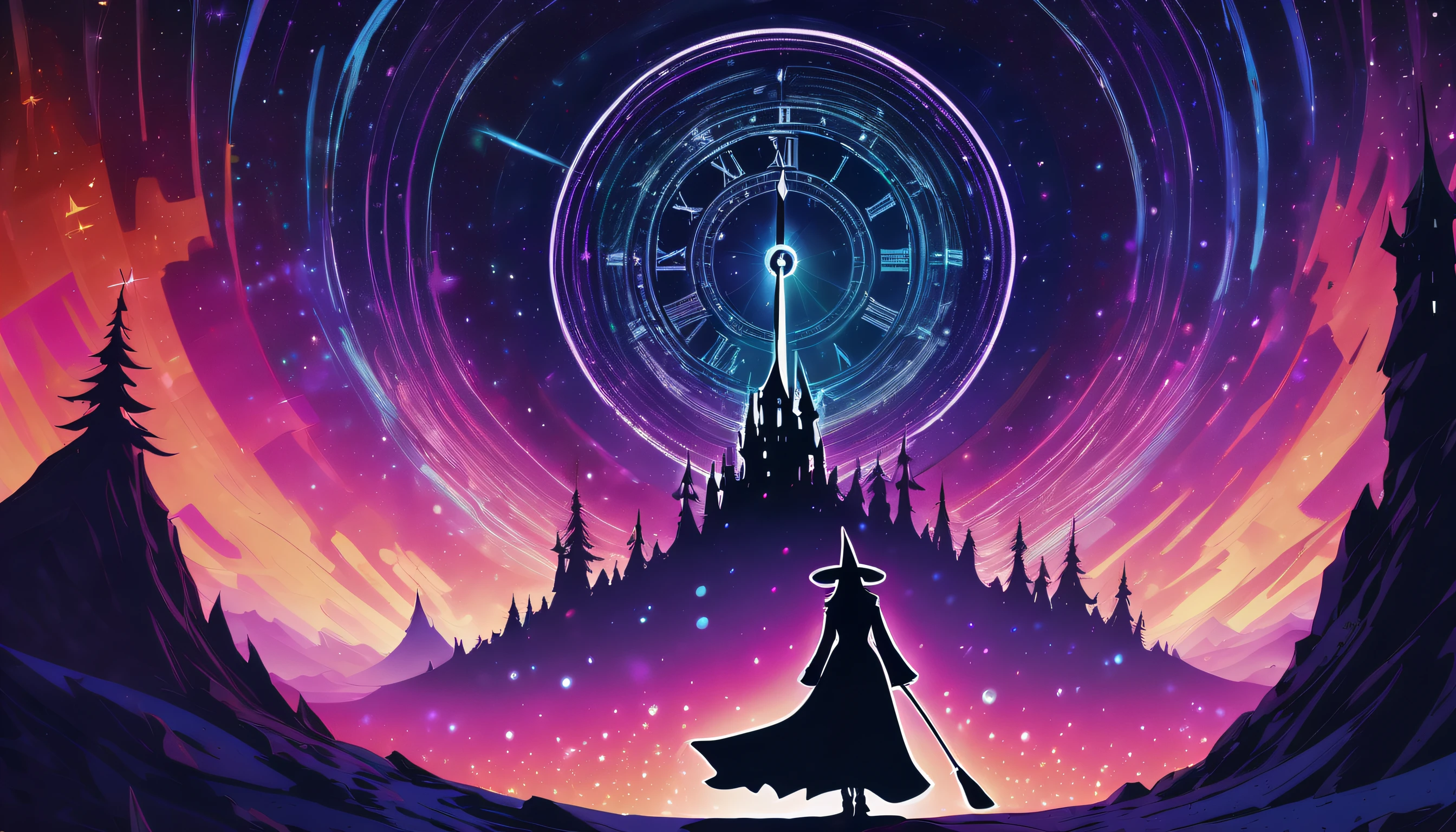 (Silhouette witch in witch hat and robe, Hold a futuristic cane standing in the center。:1.2), richly colored, (A land of pure snow and stars:1.3), Science Frontier neon glow crazy space dome, Futuristic church with medieval atmosphere, clock punk digital style time vortex door, Digital space, electronics effects, mixed media illustration, insane detail, intricate detailes,