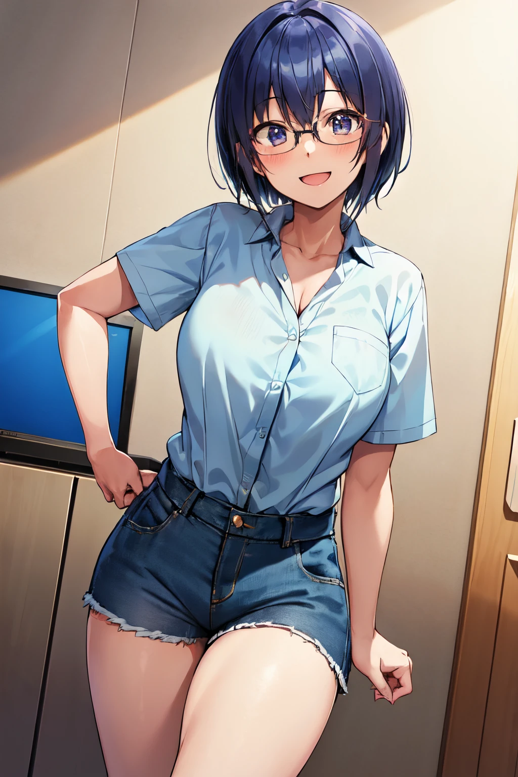 michirutojo, Looking at Viewer,
blue hair, large breasts,
Glasses,
White shirt, Collared shirt, Short sleeves, Denim shorts,
Wink, Smile, Open mouth, blush,