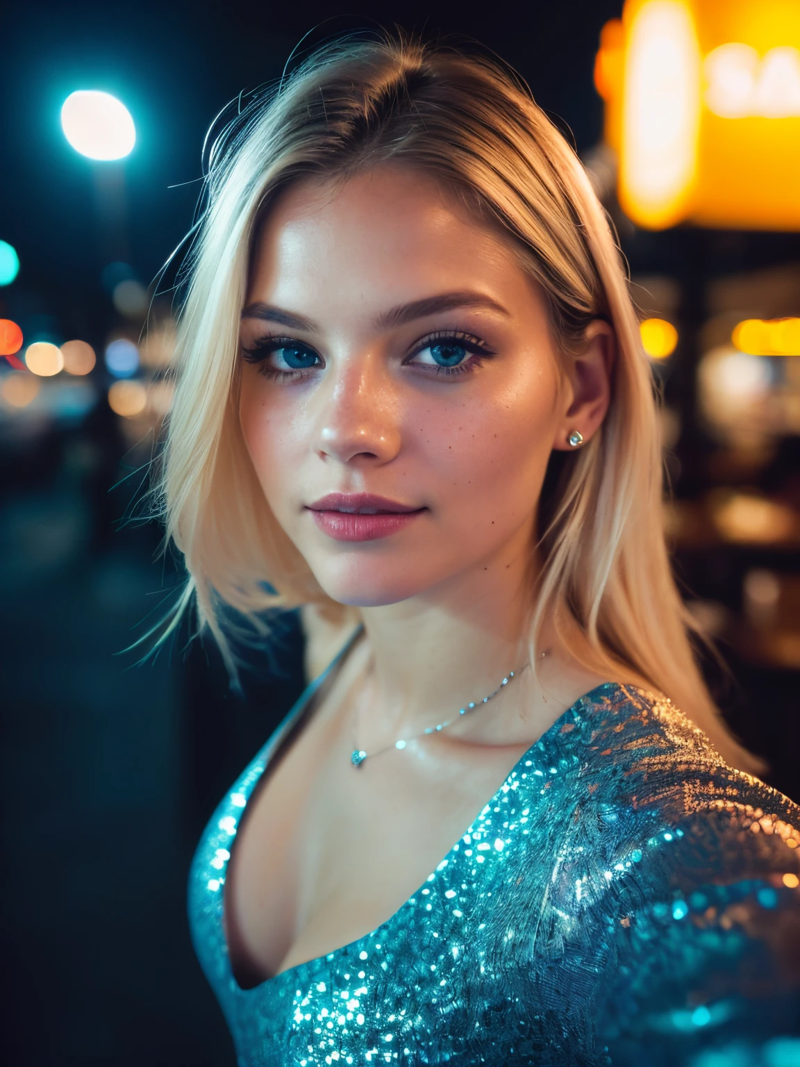 (selfie, top view: 1.4), (straight half of the body: 1.4), RAW UHD portrait photo of a 24-year-old blonde (blue-eyed woman) in a restaurant, large breasts,, city at night, (dress), (neckline), details (textures! , hair! , glitter, color!! , disadvantages: 1.1), glossy eyes with high detail (looking at the camera), SLR lighting, SLR camera, ultra-quality, sharpness, depth of field, film grain (center), Fujifilm XT3, crystal clear, frame center, beautiful face, sharp focus, street lamp, neon lighting, bokeh (dimly lit), night, (night sky), detailed skin pores, oily skin, sunburn, complex eye details, full body, large breasts