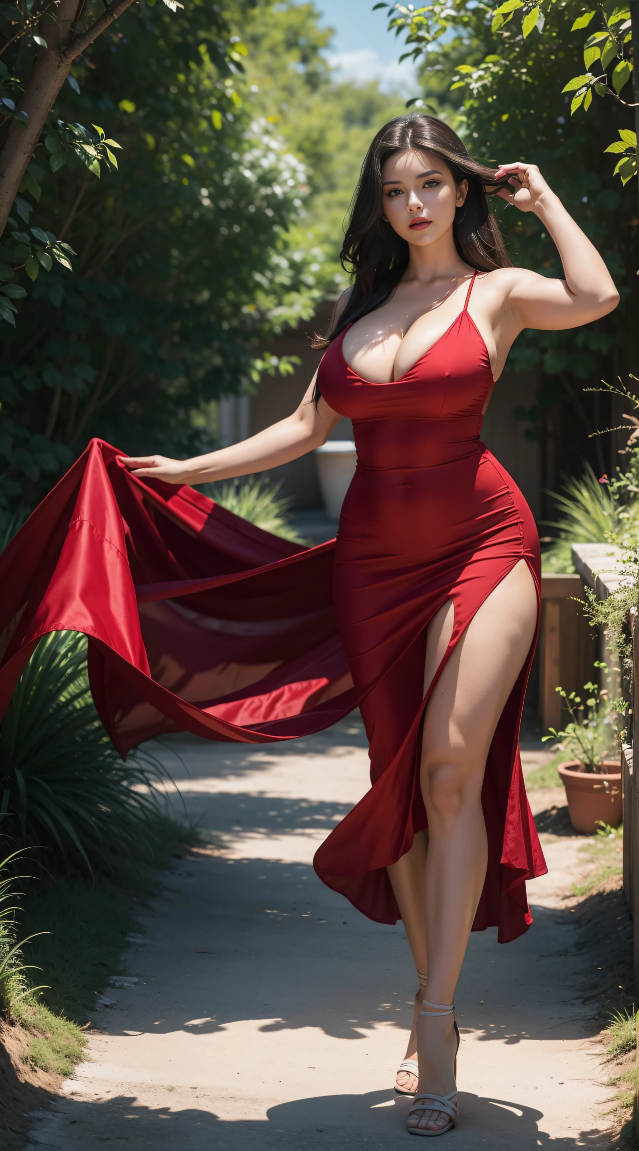 araffe woman in a red dress, magical outdoor location, lorena avarez, perfect body, green eyes, in a red dress, sexy red dress with massive slit in the centre revealing sexy legs, wearing a longv red dress, wearing a long red dress, tight dress, curvy hourglass figure, woman wears a long red dress, curvy model, long red dress, irina nordsol kuzmina, profile pic, curvy figure, huge breasts, tall, dynamic pose, gymnastics venue