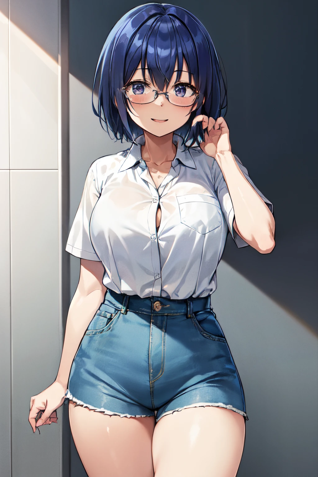 michirutojo, Looking at Viewer,
blue hair, large breasts,
Glasses,
White shirt, Collared shirt, Short sleeves, Denim shorts,
Wink, Smile, Open mouth, blush,