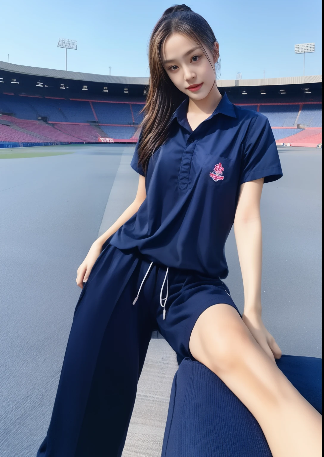 (bestquality,10,10,highres,masterpiece:1.2),ultra-detail,(Realistic,photorealistic portrait,photo-realistic:1.37),1 cute girl sitting on the football field,oily shiny skin,bara,light smile,BDclothelue shirt:1.3)),short sleeves,shirt, trousers.,(navy_long_Pants Track:1.1), ((Stadium Background:1.3)),dynamic angle,excited,face focus,Dynamic Poses,from behide,Ass Focus,masterpiece, bestquality, ultra realistic, hyper-detail, 8k resolution, RAW photo, crisp focus, ((Navy blue shirt:1.1)), short sleeves, Long Path, Perfect body, 2 mature women, 18yo, cinematic light,Blue sweatpants,Gymware,Correct anatomy,Complete body, Correct body, sharp face, Anatomically correct body, full entire body, Realistic gestures, long-haired, Realistic poses,Wear long shorts.......................,Long leg span,Shapely,Sculpting Girl, Slender Figure, mannequin mannequins, Shapely, Beautiful body,Blue sweatpants