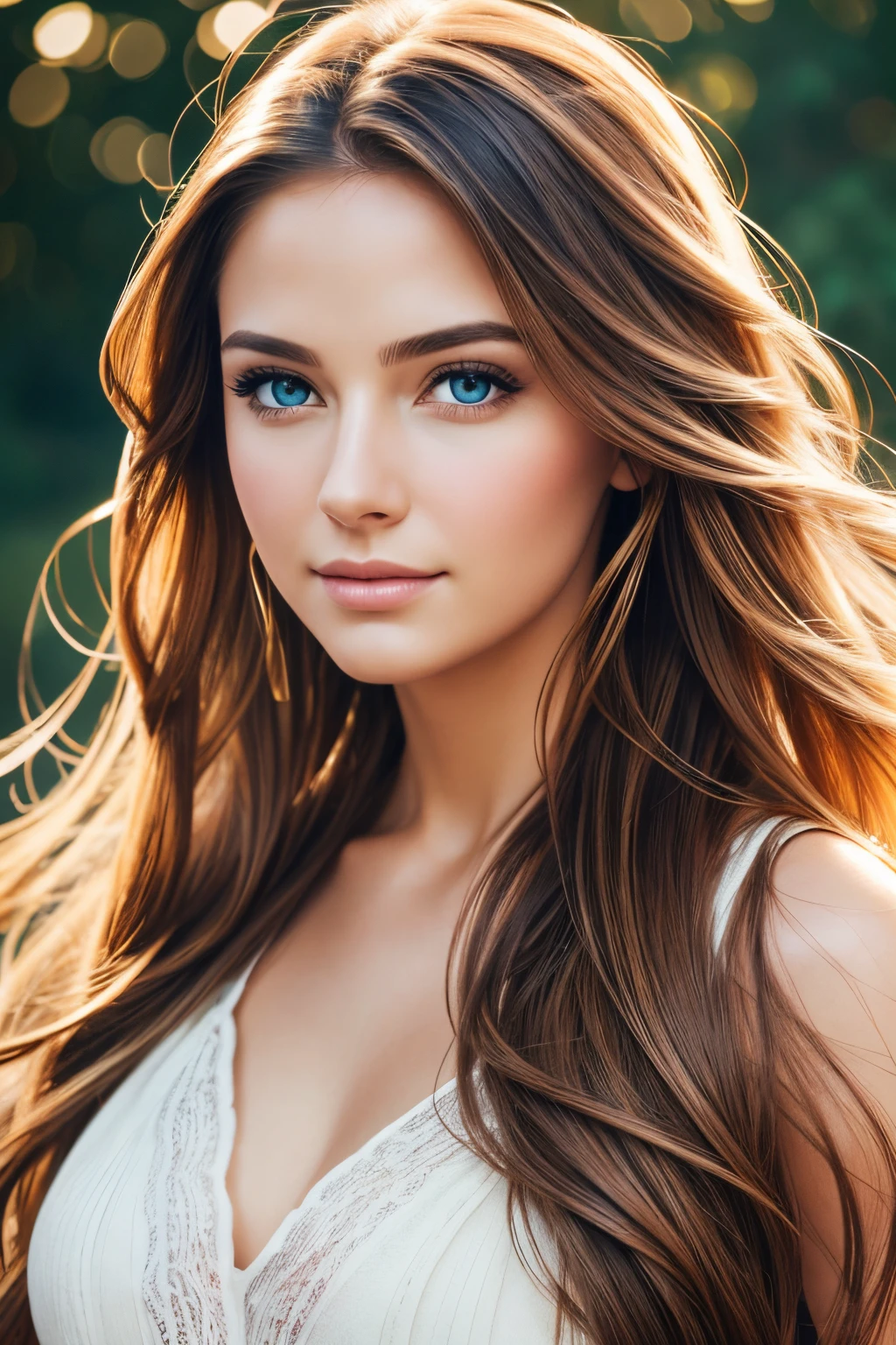 (photorealistic) Woman, detailed eyes, soft smile, flowing hair, graceful pose, vibrant colors, natural lighting, professional portrait, high resolution