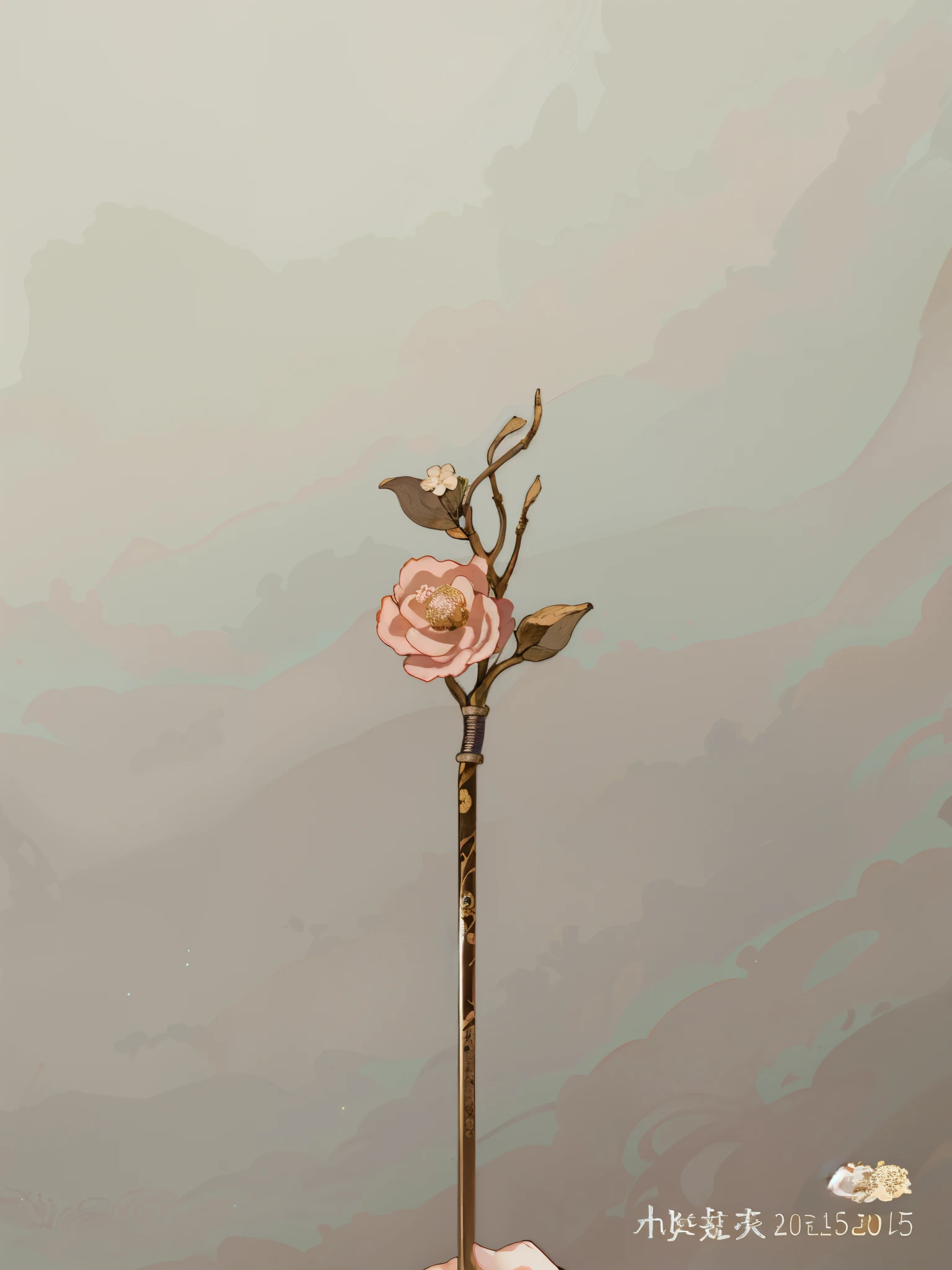 Someone is holding a small flower,There is a stem inside, Ivory and copper, Nature dot roses', dried flower, miniature product photo, depicting a flower, inspired by Katsushika Ōi, Central Plains Universe, Delicate and precise brushwork, Metallic orchid flower, gold flowers, flowers and stems, jinyiwei, gold flowers