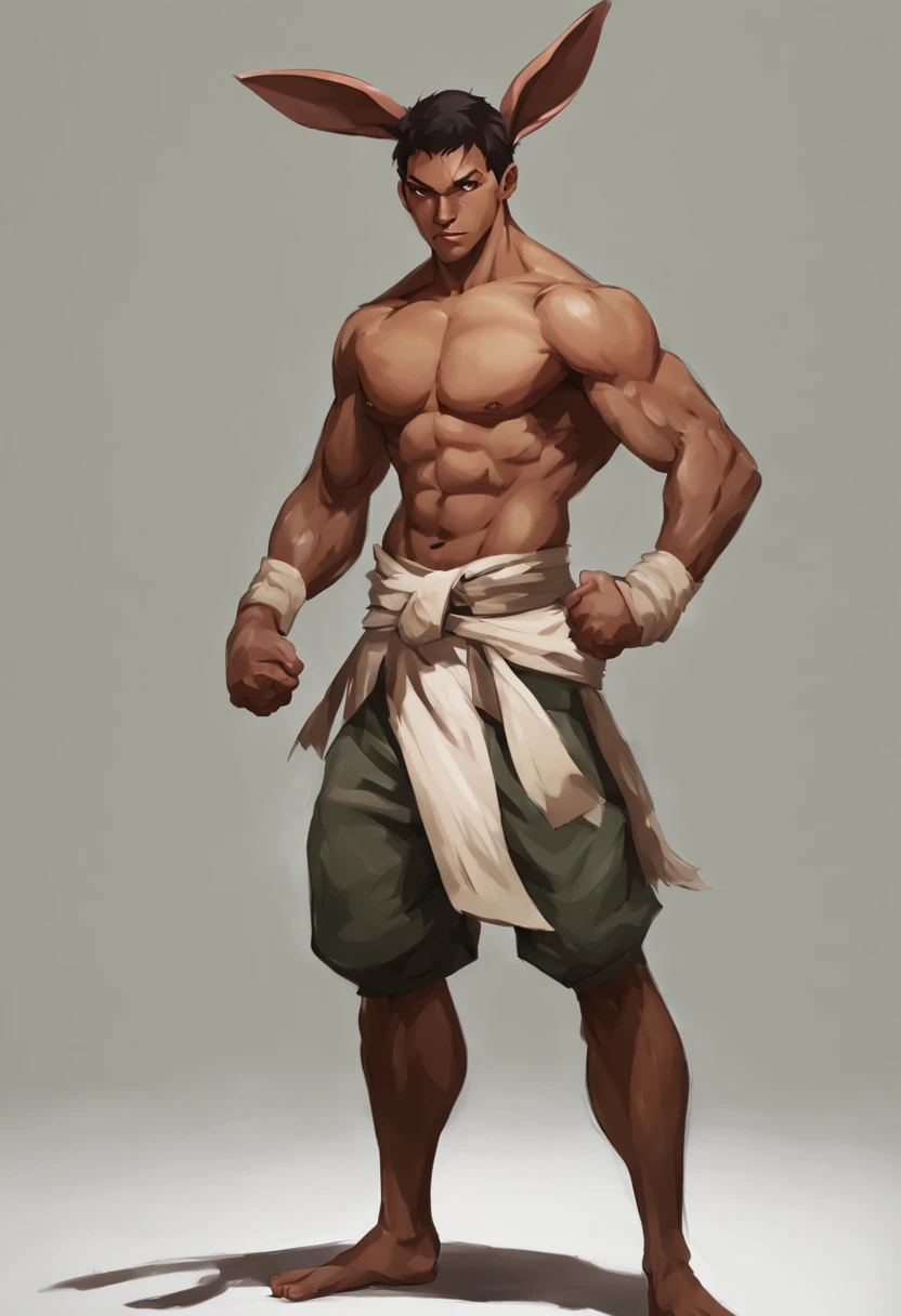 a buff male human mixed with rabbit in a fighting style