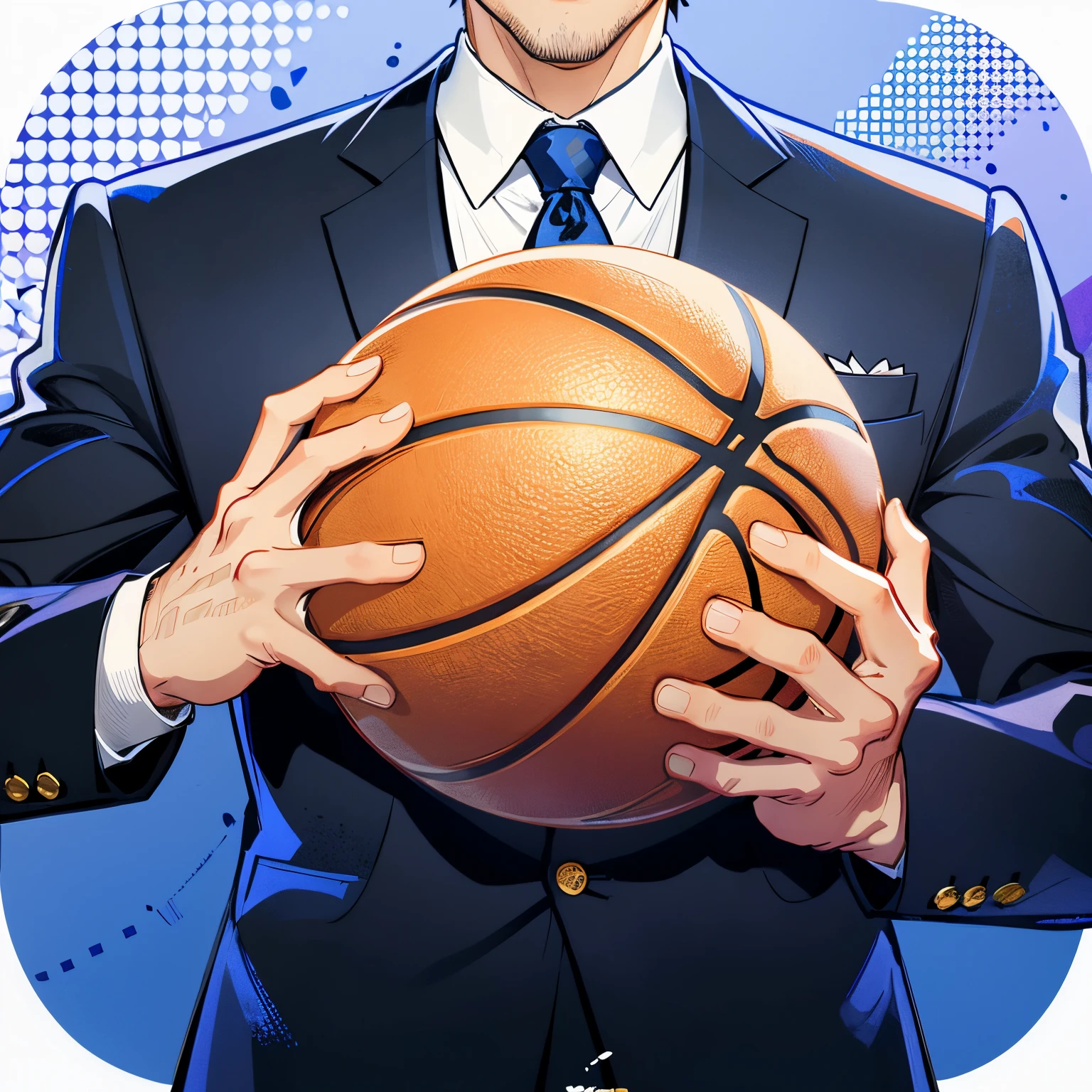 Wear a suit，Hold the ball in both hands，Hold the basketball，Positive perspective，Handsome，realisticlying，（tmasterpiece，quality，Best quality at best，offcial art），The is very detailed，Colorful，Most detailed，，Handsome men，