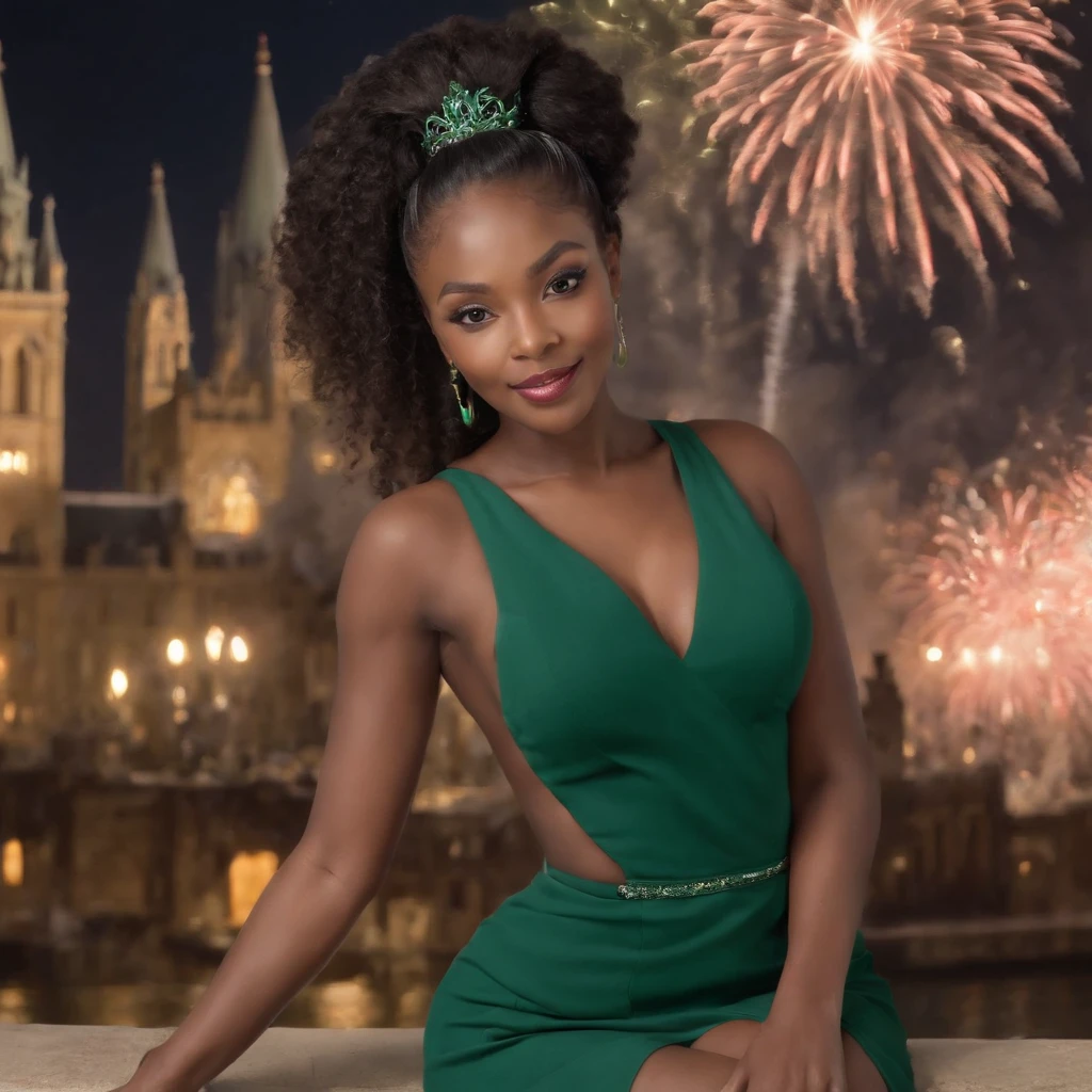 ((Dark African skin, Very deep ebony skin)), ((Its beauty  undeniable)), ((Excited cute face)), ((Hyper detailed perfect eyes,)), ((pose mignonne)), ((Langue sortie)), (( )), , (( classy long dark green dress, high heels)), ((Afro ponytail with long African curly hair,)), (( peau)), ((debout, vue de face)), ((toucher ses propres jambes dans une pose )), ((Sitting inside, fireworks, New Years Eve, Ville publique, friends in the background, champagne)), Sharp Focus CGI, photoreallistic, High detail, Realstic, Masterpiece, absurdes, Best quality, Hdr, High quality, high-definition, Extremely detailed, 8k wallpaper, Intricate details, 8K UHD, Full-HD, (photo realist:1.2), contraste, intense illumination, lighting cinematic, natural lighting, veilleuse, Nuit, Illumination globale, new years eve, Laughing out loud, a la piscine African women、Female sexy、fireworks, people, holding champagne