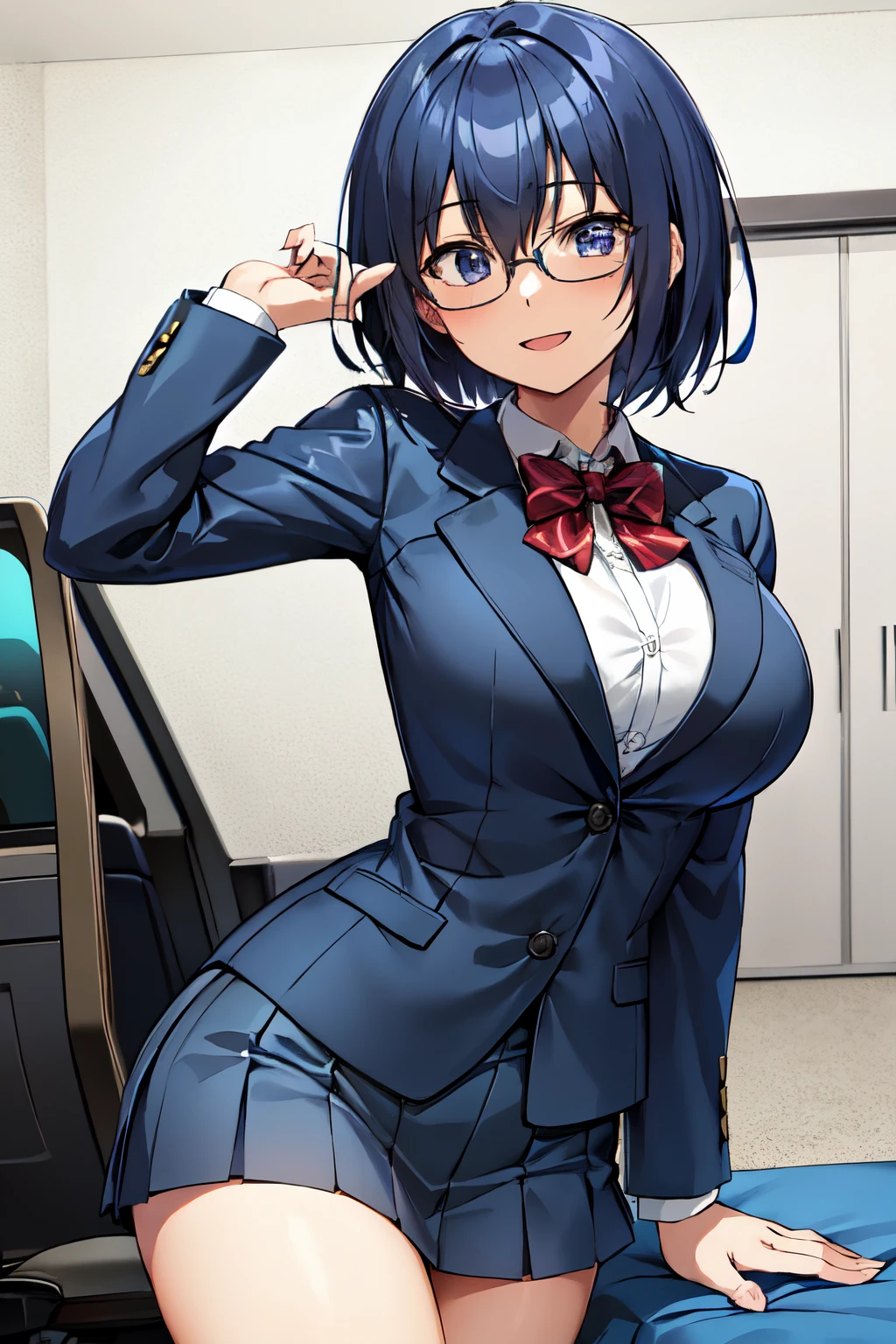 michirutojo, masterpiece, Looking at Viewer,
blue hair, large breasts,
Glasses,
blazer, school uniform,
Wink, Smile, Open mouth, blush,