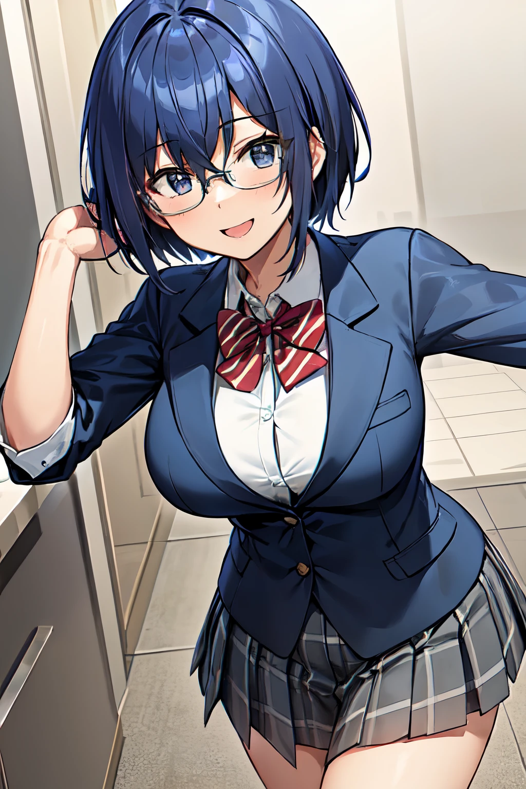 michirutojo, masterpiece, Looking at Viewer,
blue hair, large breasts,
Glasses,
blazer, school uniform,
Wink, Smile, Open mouth, blush,