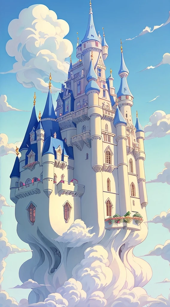"majestic floating cloud castle, with the (Best quality at best:1.3), (A high resolution:1), (Excellent:1.perfect pubic bone:1.Parfait:1.3), (Detailed pubic hair:1.3) Art from Studio Ghibli."