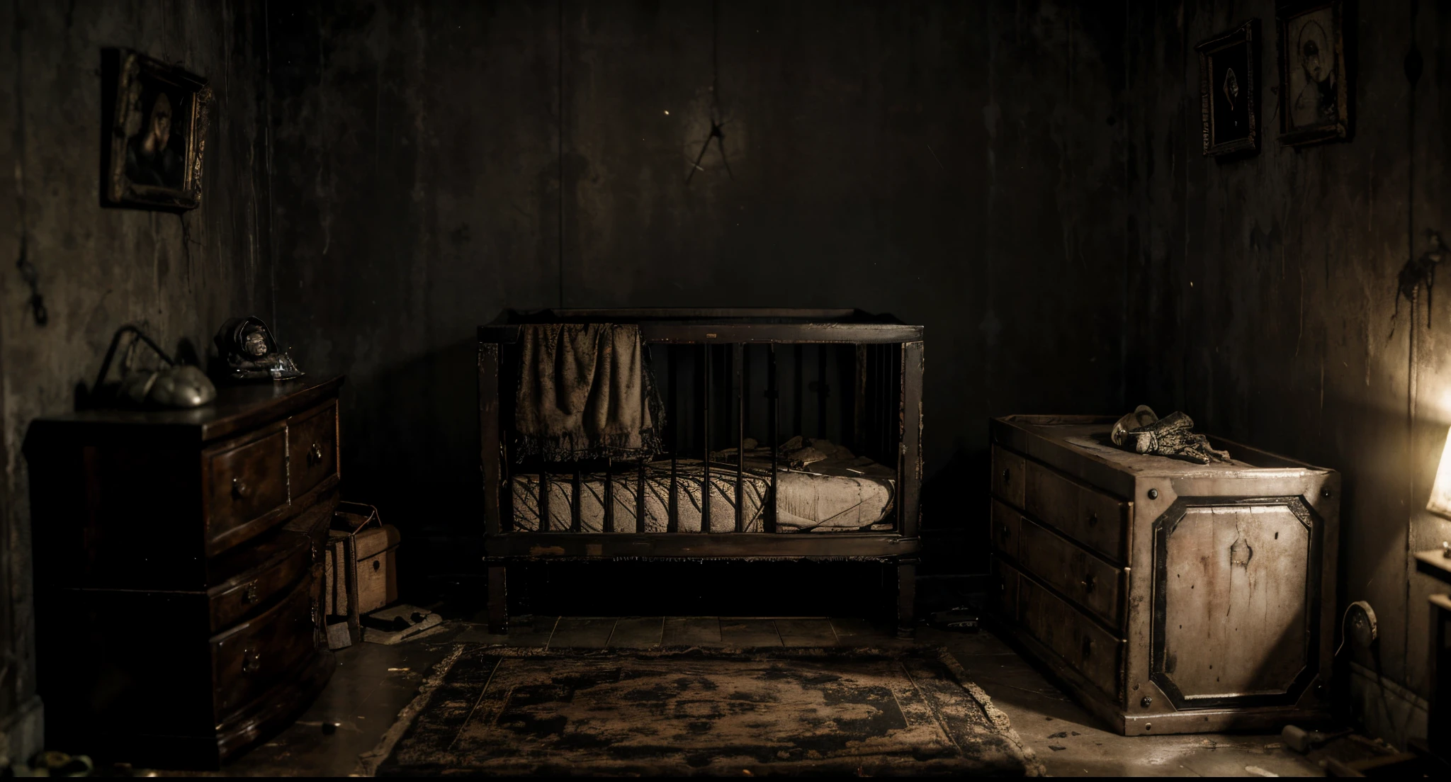 Resident Evil and Alone in the Dark style post-apocalyptic setting, terror ultra realista, quarto com uma tv antiga fora de sintonia, brinquedos quebrados, Anabelle-style dolls and an ancient cursed crib, with a broken baby. Different viewing angles.