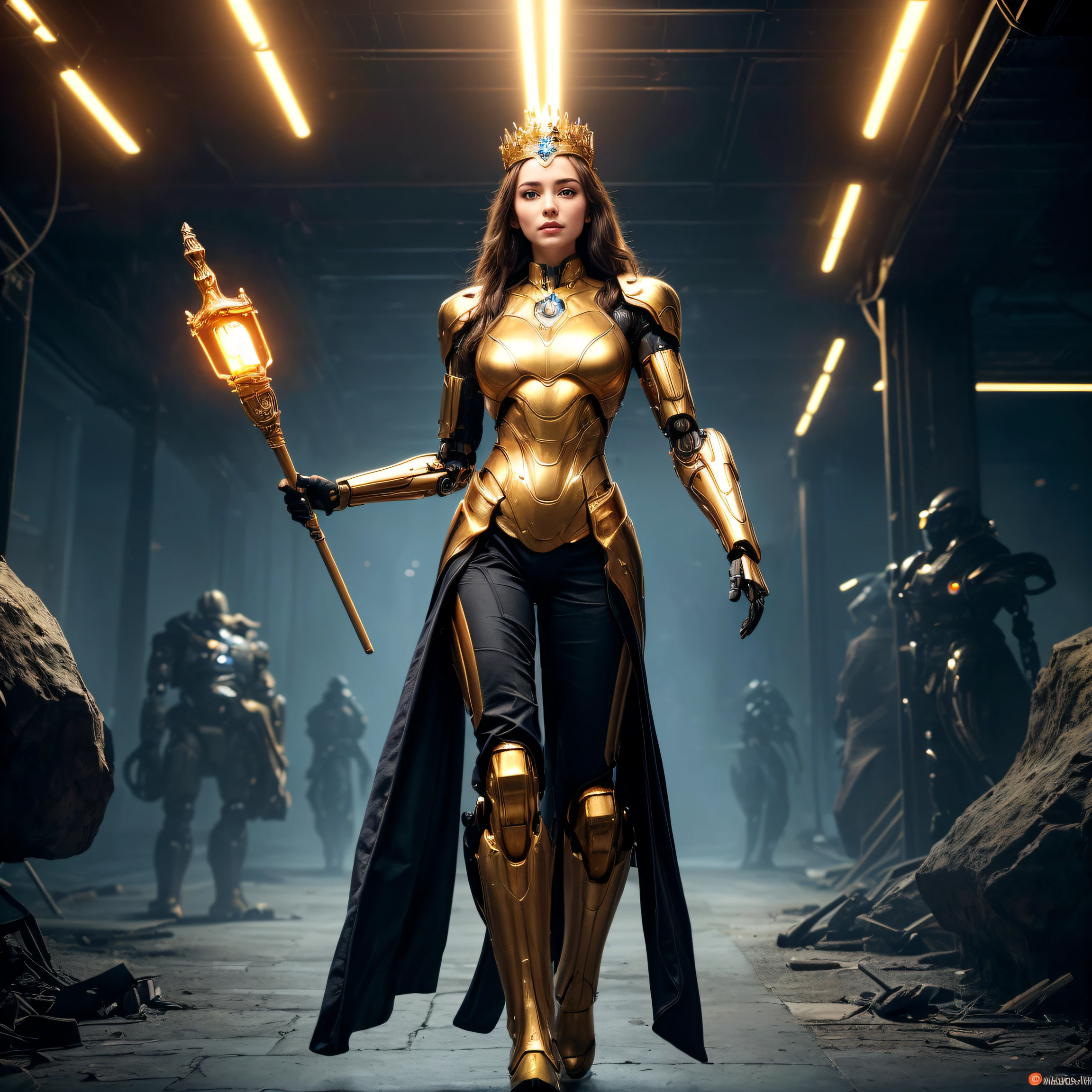 Best quality at best, tmasterpiece, offcial art, professional, Amazing Cleavage, The is very detailed, The is very detailed, finely detailled, ultra - detailed, 8k wallpaper, A high resolution, (actual, Photorealistic:1.4), RAW photogr, full bodyesbian, future robot queen, Having a noble and majestic temperament, Wearing sci-fi clothes. Wearing a golden robe, Covers various future technological elements, A golden crown is worn on his head. Her skin is fair, Her eyes were bright, There is nobility on her face、Dignified Expression. Holding golden scepter in hand, He rules the robot empire of the future. The scene is a future technology city，Surrounded by buildings full of futuristic designs