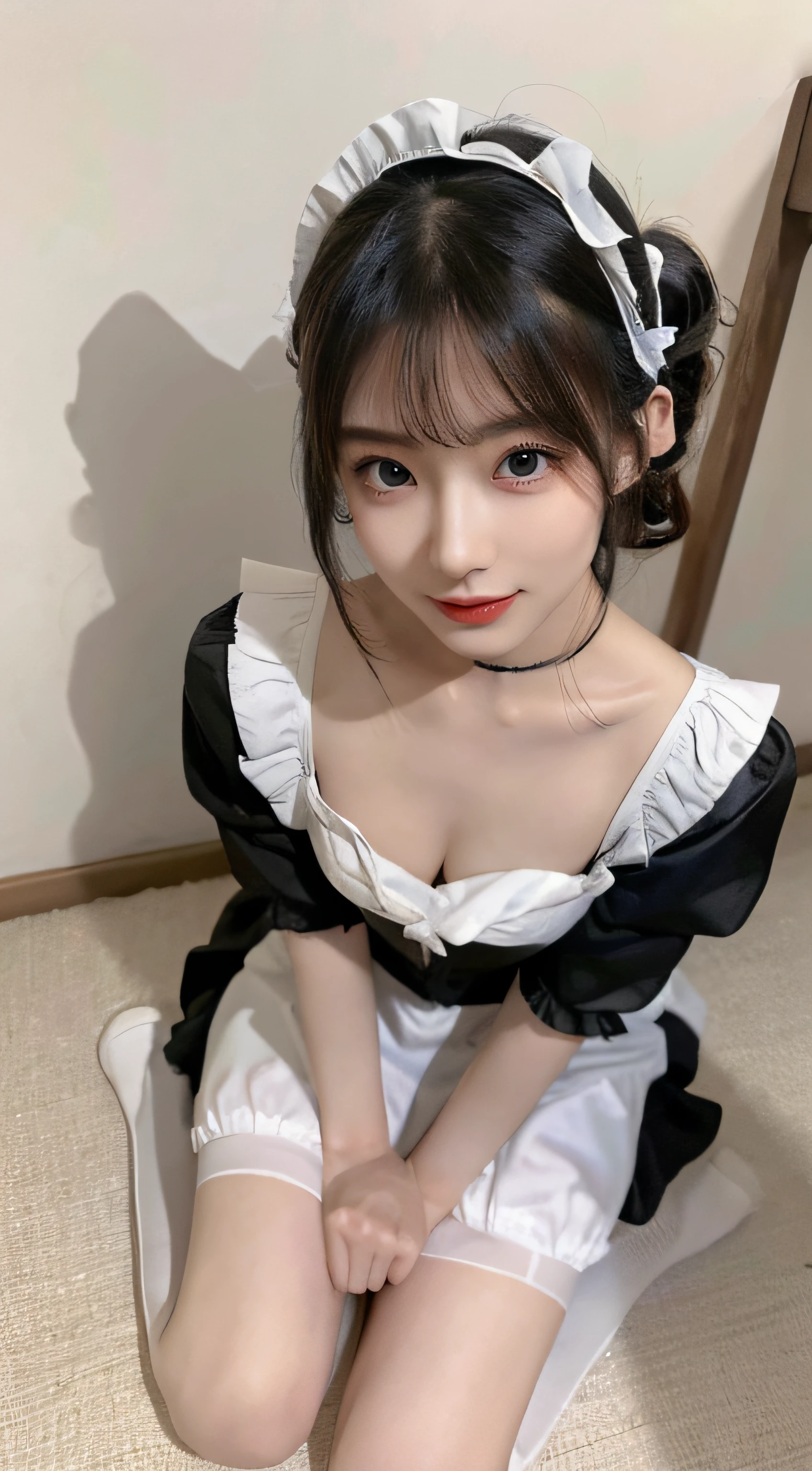 8K, RAW Photos, Best Quality, masutepiece: 1.2),(best qualtiy,8K, yes,32K,masutepiece,hyper HD:1.2) , 20 years old, Asian woman in black and white dress is sitting on the floor, gorgeous maid, maid dress, cat boy'S! maid! Dress, maid clothes, anime girls in maid costumes, maid, Anime Girl , Maid costume, wearing a maid outfit, loli in dress, full-body xianxia, trending at cgstation, Photo, that'cute asian face, maid, cleveage, Model body type