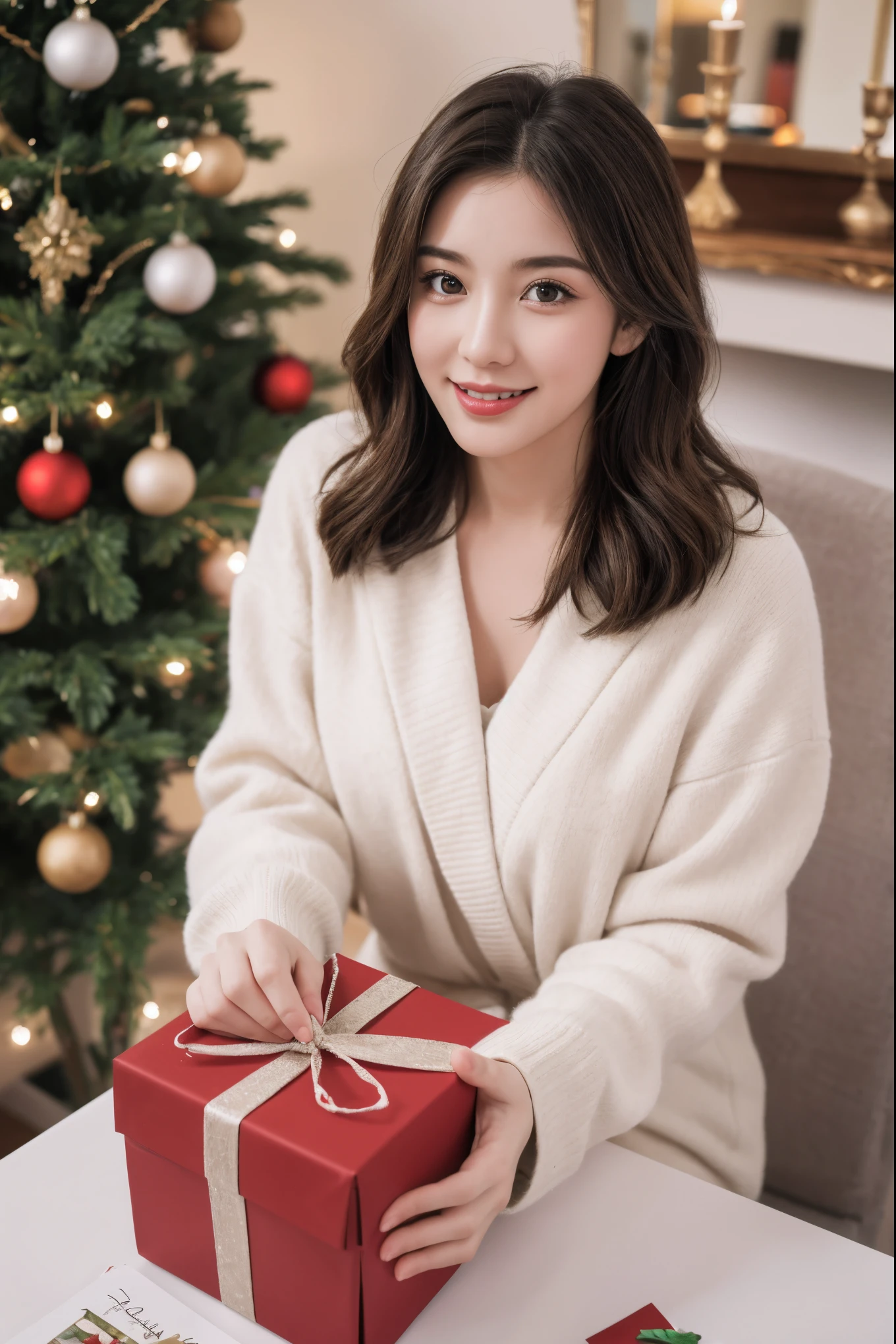 (best quality,4k,8k,highres,masterpiece:1.2),ultra-detailed,realistic,gifts,table,Christmas tree,decorations,wrapping ,bows,ribbon,presents,holiday spirit,vibrant colors,warm lighting,cozy atmosphere,toys,cards,candles,snowflakes,joyful,celebration,exquisite details,exciting surprises,shiny ornaments,sparkling tinsel,beautifully wrapped,excited children,anticipation,festive mood,magical ambiance,delightful moment,wonderful memories,family gathering,cheerful faces,Christmas magic,extravagant,abundance of presents,HDR,UHD,studio lighting,ultra-fine painting,sharp focus,physically-based rendering,professional,vivid colors,bokeh