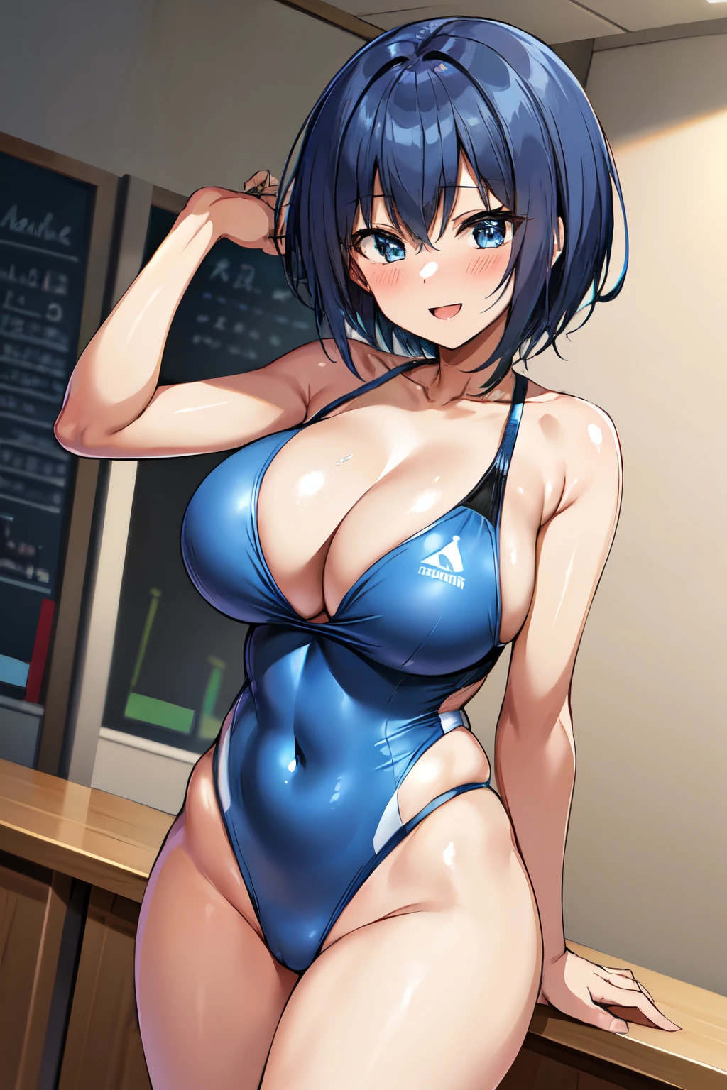 michirutojo, masterpiece, Looking at Viewer,
short hair, blue hair, large breasts,

competition swimsuit,
Wink, Smile, Open mouth, blush,