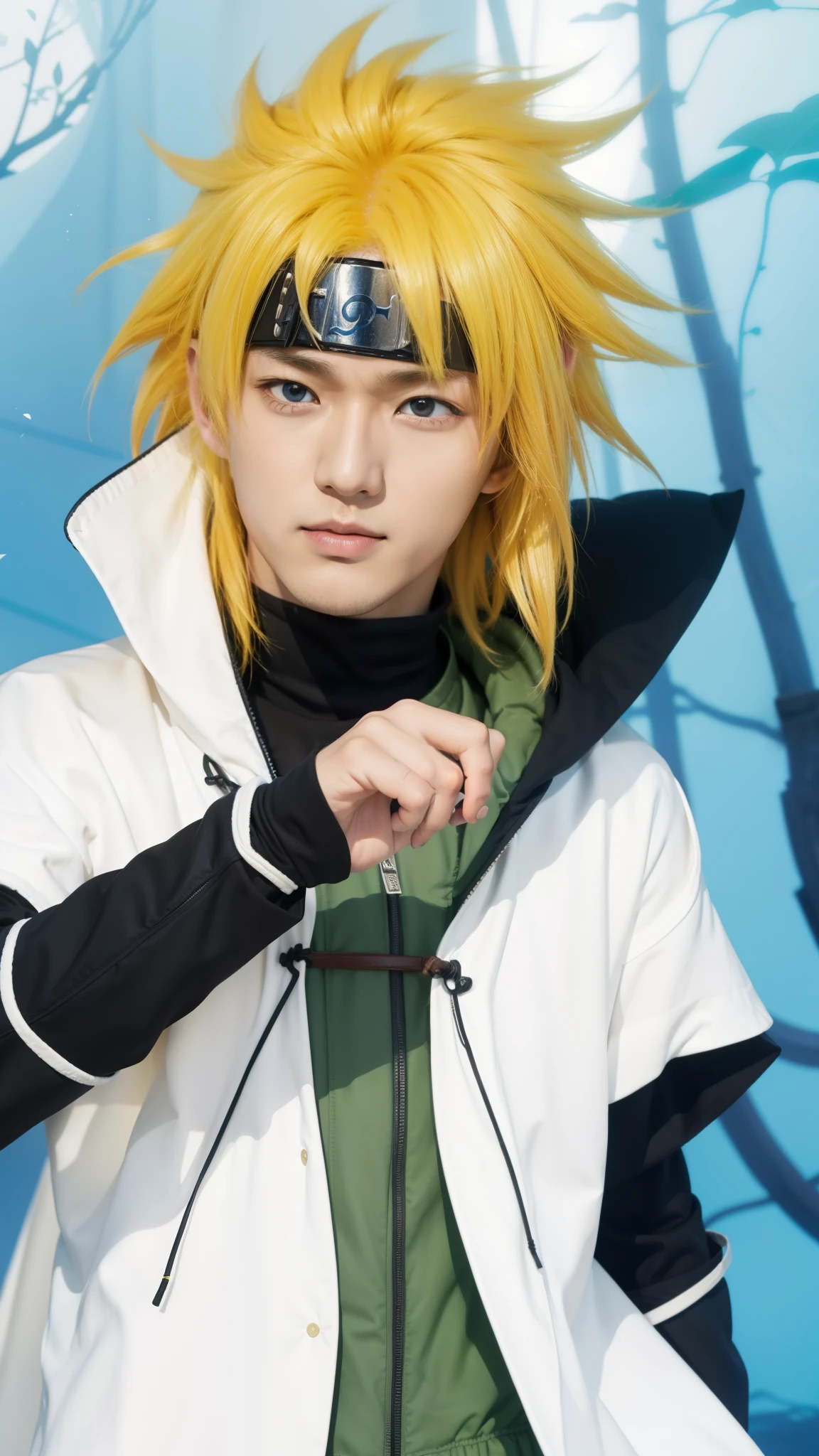Real life adaption of this character,his name is Minato Namikaze from anime Naruto,handsome handsome face,realistic yellow messy hair,realistic outfit with white cloak,realistic light,realistic shadow,realistic background,(photorealistic:1.2),realistic hand
