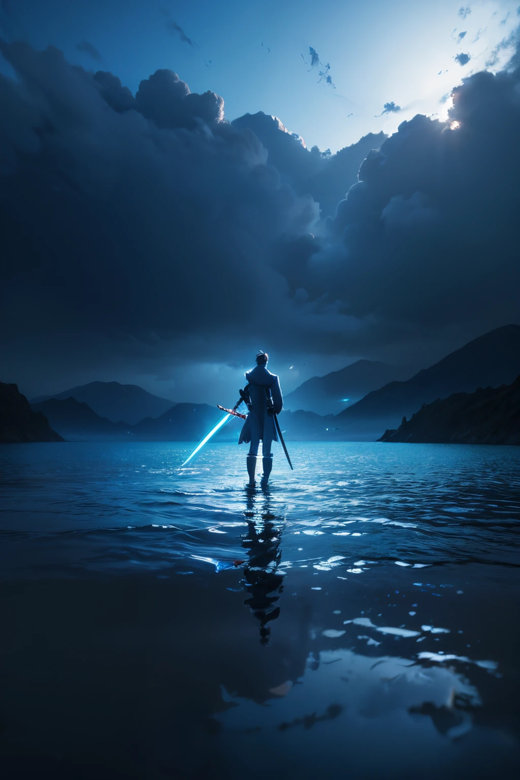 Anime scene of a man standing on a blue sword in the middle of a body of water, anime epic artwork, from the night of the ark, anime wallpaper, anime backgrounds, An anime cover, 4k manga wallpapers, atmospheric anime, amazing wallpapers, ,Artistic cover, onmyoji, anime atmospheric, anime movie backgrounds, Epic Light Novel cover