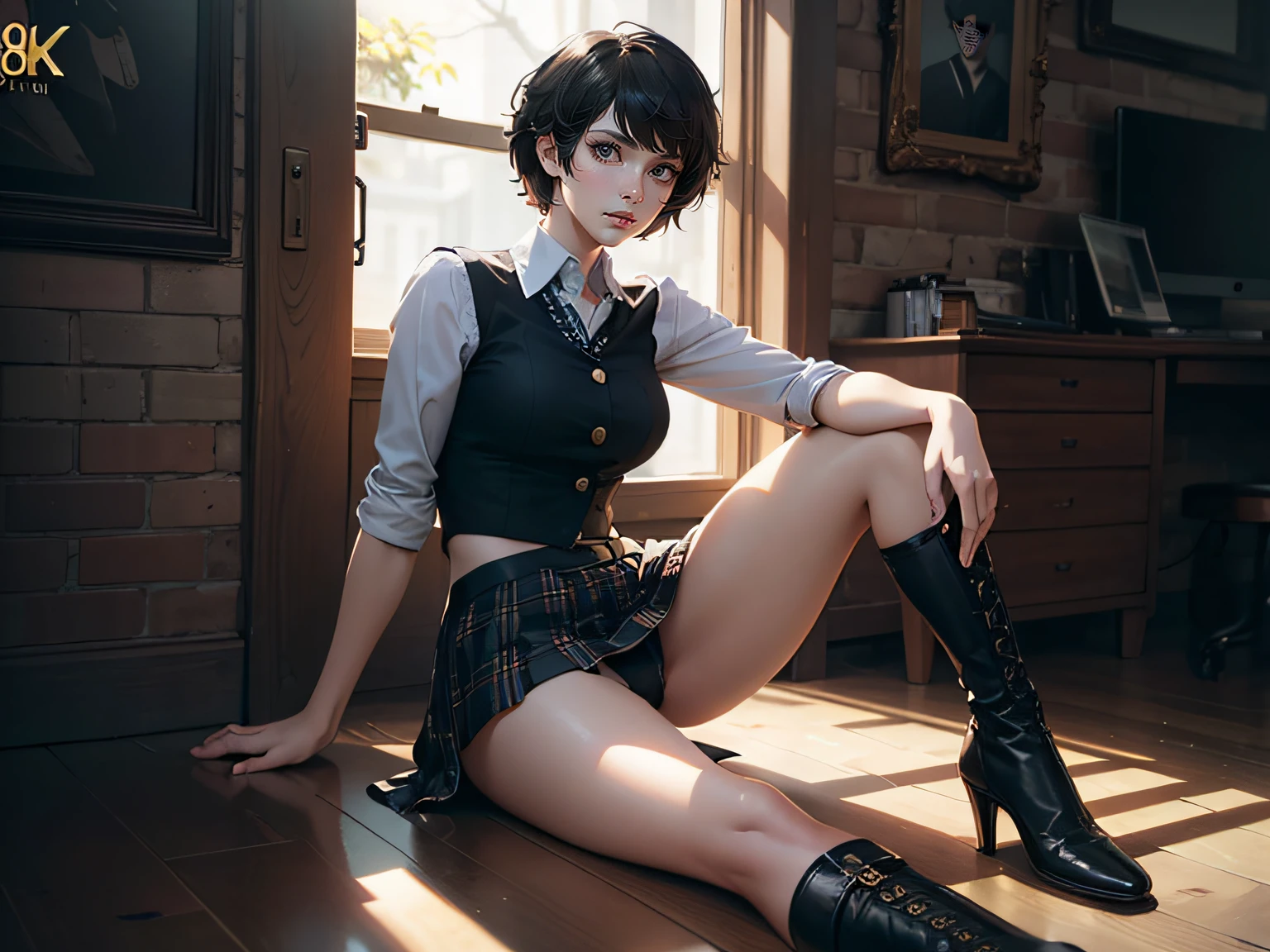Full body image, Persona 5 Makoto Niijima, Very very short black hair (short hair 1.6), narrow face, Narrow Eyes, Double eyelids, Wearing a plaid skirt, black stockings, white polo shirt, vest, light brown boots, Looking at Viewer, (Detailed Face), sitting (sitting 1.4), Bust, Long Legs, Thin Waist, Buttocks, Ultra Fine Makeup, ultra fine clothes, beautiful attractive woman, highly detailed, (Realistic lighting, Top Quality, 8K, Masterpiece: 1.3)),(High Resolution), (8K), (Very Detailed), (Best Quality), (Ultra Detailed), (Masterpiece), ultra high resolution, (photorealism: 1.4)