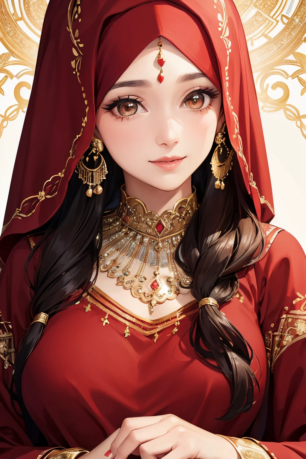 Woman, age 40, wearing a headscarf Sparkling brown eyes Beautiful details have a perfect face Wear a red Arab dress with a beautiful pattern, a smile, and bright illustrations. The details of the picture are clear. High quality, 4k level, the picture is complete, highly artistic, beautiful and exquisite.