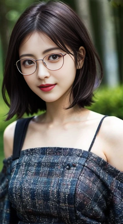 (8K、Raw photography、top-quality、masterpiece:1.2)、(realisitic、Photorealsitic:1.37)、ultra-detailliert、超A high resolution、女の子1人、see the beholder、beautifull detailed face、A smile、Constriction、(Slim waist) :1.3)、loose-fitting clothes、Beautiful and fine skin、Skin Texture、Floating hair、Professional Lighting、Forest Park、Black square glasses 、Whole human body、Brown hair