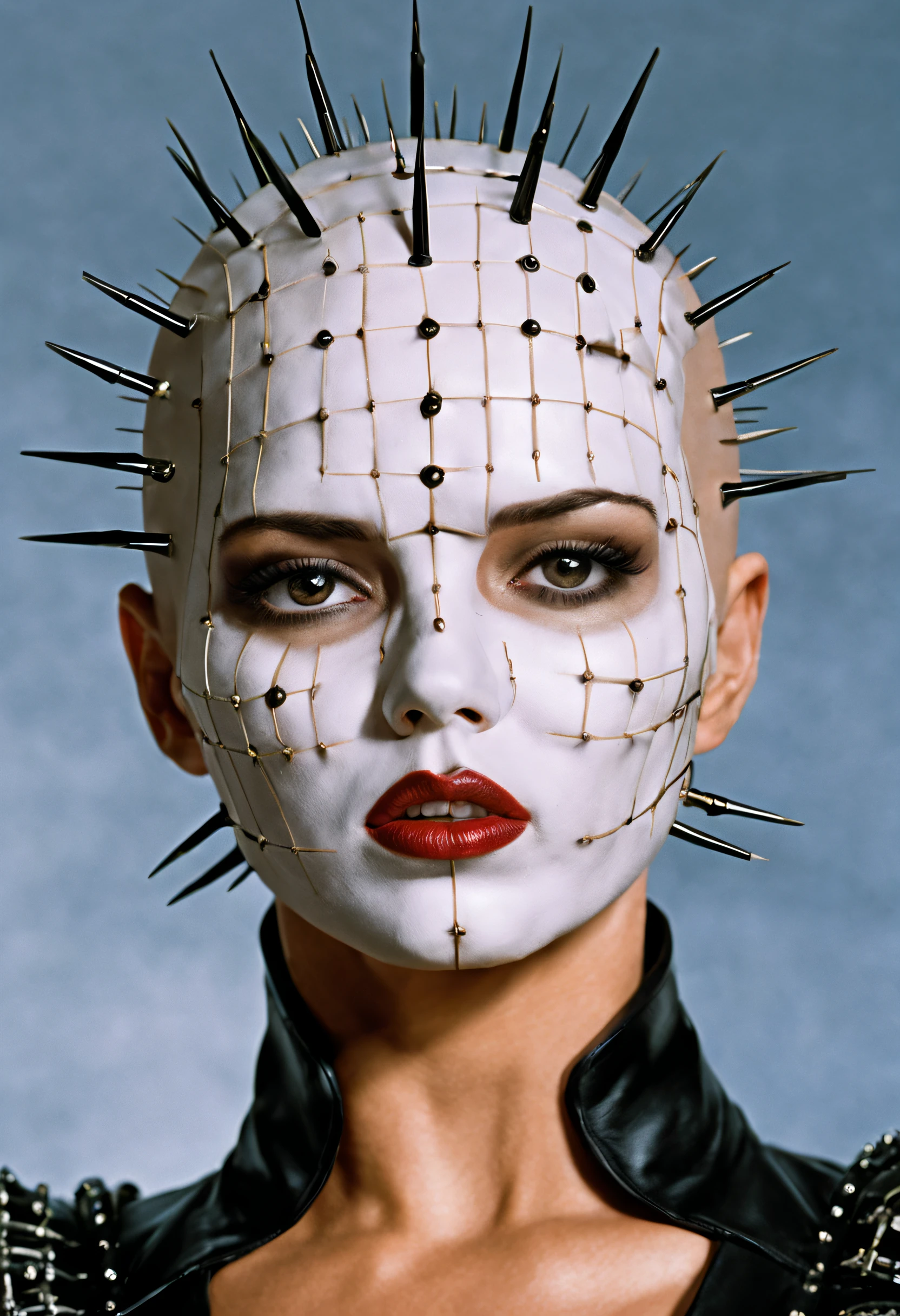 (hyperrealistic)(Pinhead),a fictional character and the main antagonist of the Hellraiser franchise. The female character (look alike of Adriana Lima)( appeared as an unnamed figure in the 1986)(tall, bald, pasty white being decked out in a long black leather getup), (with what appear to be finish nails stuck all over his head)