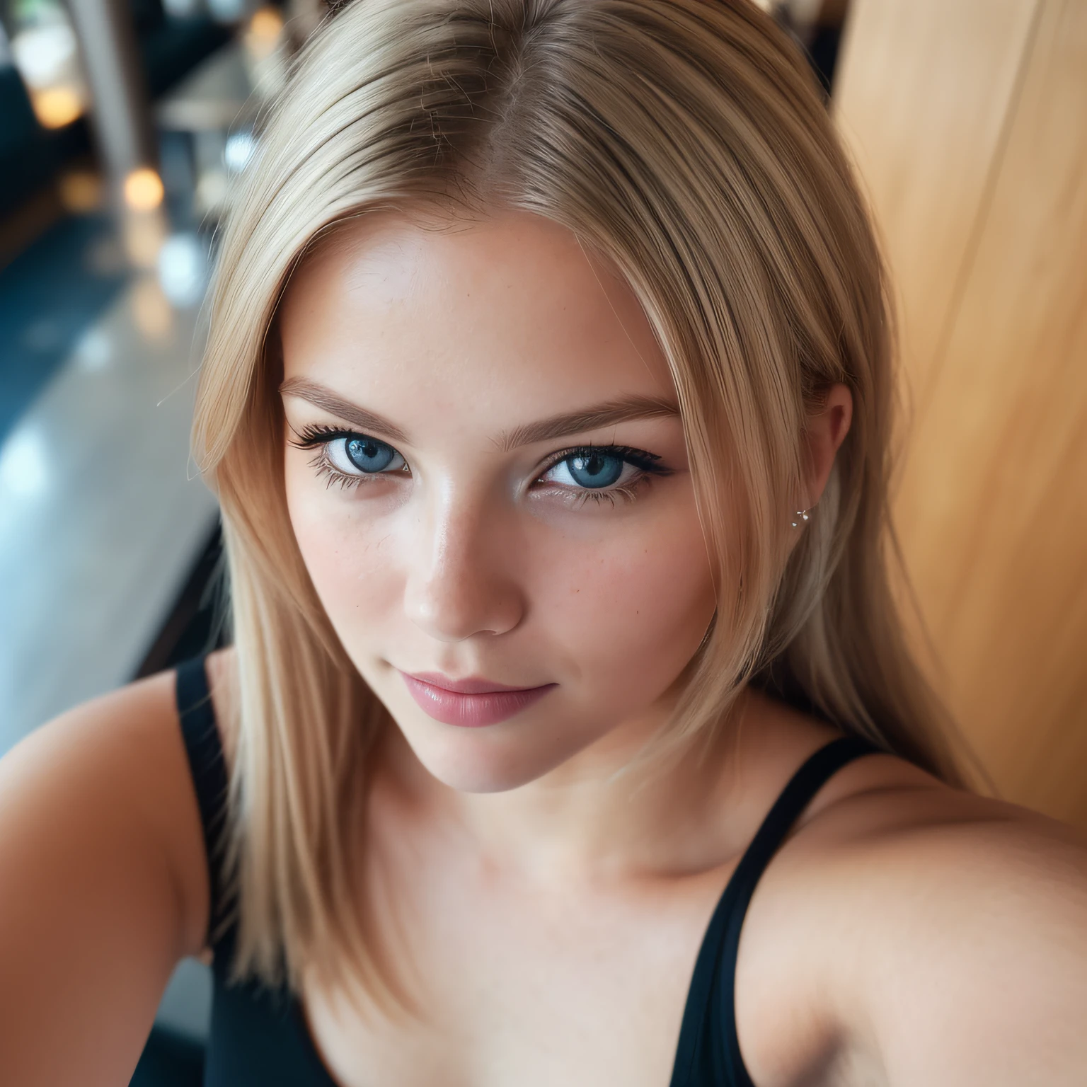 (selfie, top view: 1.4), (straight half of the body: 1.4), RAW UHD portrait photo of a 24-year-old blonde (blue-eyed woman) inside a restaurant, medium breasts, (dress), (neckline), details (textures! , hair! , color!! , disadvantages: 1.1), glossy eyes with high detail (looking at the camera), SLR lighting, SLR camera, ultra-quality, sharpness, depth of field, film grain (center), Fujifilm XT3, crystal clear, frame center, beautiful face, sharp focus, bokeh (dimly lit), detailed skin pores, complex eye details, full body