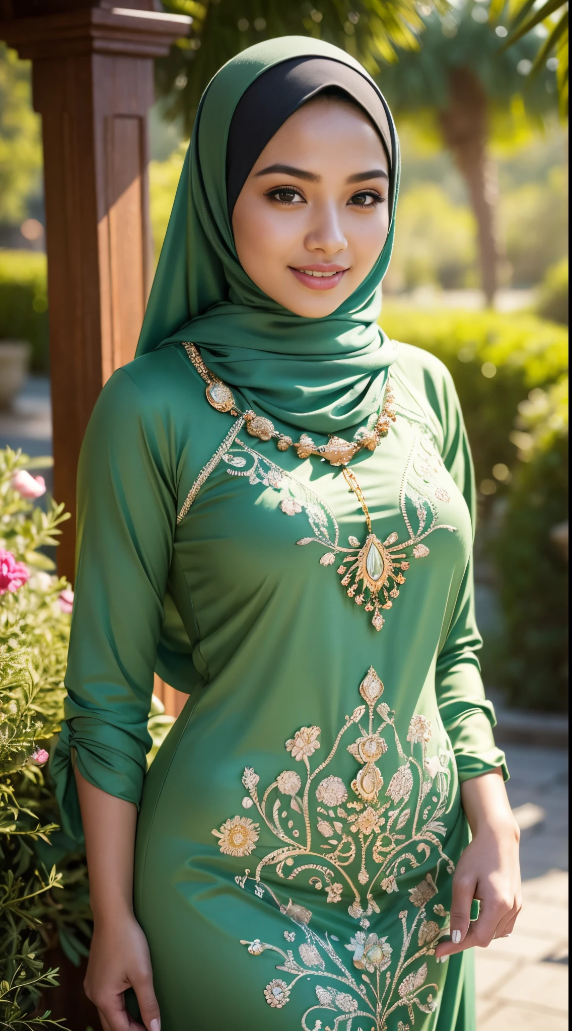 RAW, Best quality, high resolution, Masterpiece: 1.3), Beautiful Malay Woman in Hijab,Masterpiece, The artwork depicts a Malay woman in a hijap wearing a long, tight light green Muslim dress decorated with intricate patterns and bright colors. . The dress covered her curvaceous figure perfectly. She walked in the flower garden illuminated by the soft light of the morning sun. The scene radiates smiles and is sexy. Her graphic style combines watercolor techniques and digital illustration to evoke sophisticated beauty and charm. The lights are filled with soft sunlight, casting soft highlights and shadows on her charming features, big breasts, three-dimensional facial features, 8k, RAW photo, best quality, high resolution, high quality photo, intricate, breast exposure, delicate turtleneck, necklace long, hairband, evening walk, plant garden, Great lighting, Bright colors, Clean lines