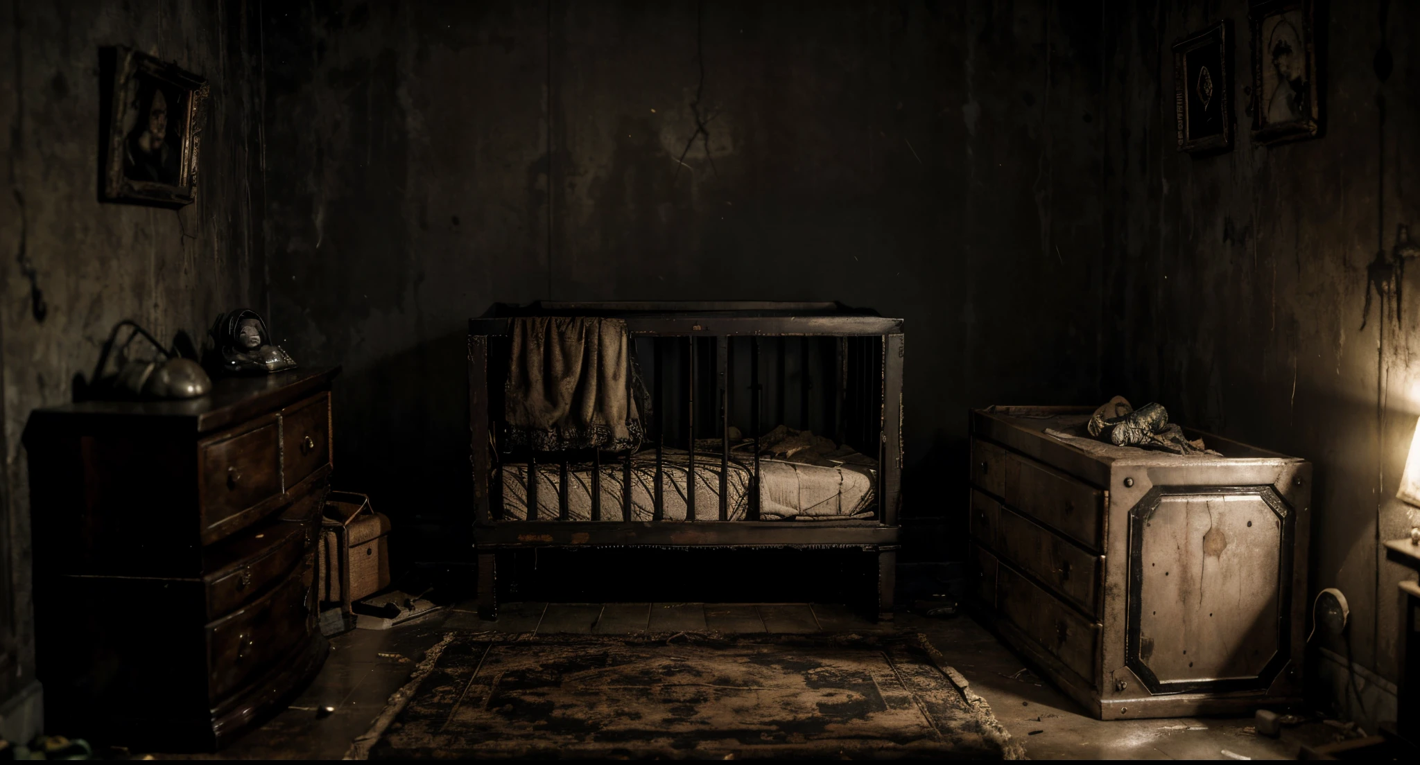 Resident Evil and Alone in the Dark style post-apocalyptic setting, terror ultra realista, quarto com uma tv antiga fora de sintonia, brinquedos quebrados, Anabelle-style dolls and an ancient cursed crib, with a broken baby. Different viewing angles.