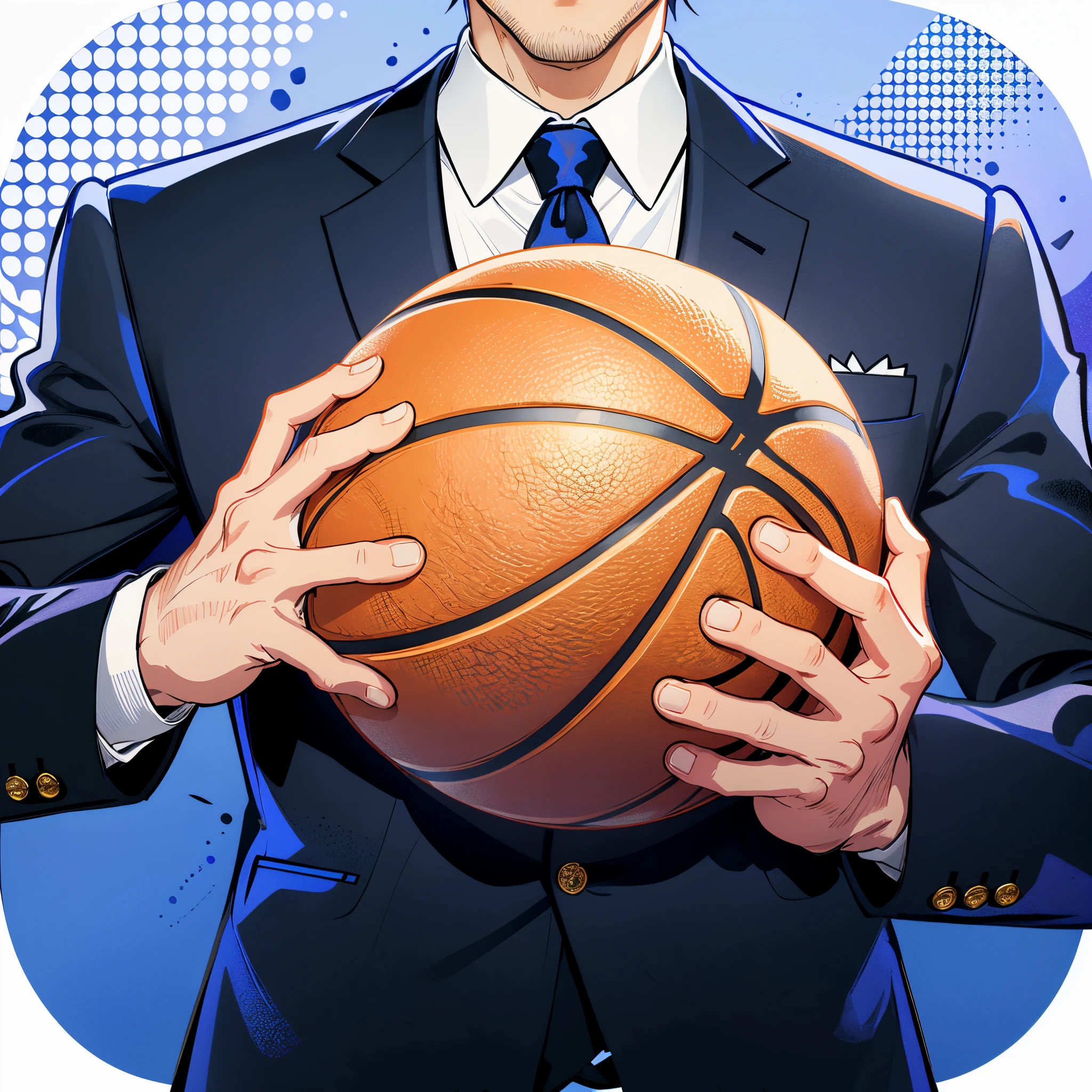 Wear a suit，Hold the ball in both hands，Hold the basketball，Positive perspective，Handsome，realisticlying，（tmasterpiece，quality，Best quality at best，offcial art），The is very detailed，Colorful，Most detailed，，Handsome men，