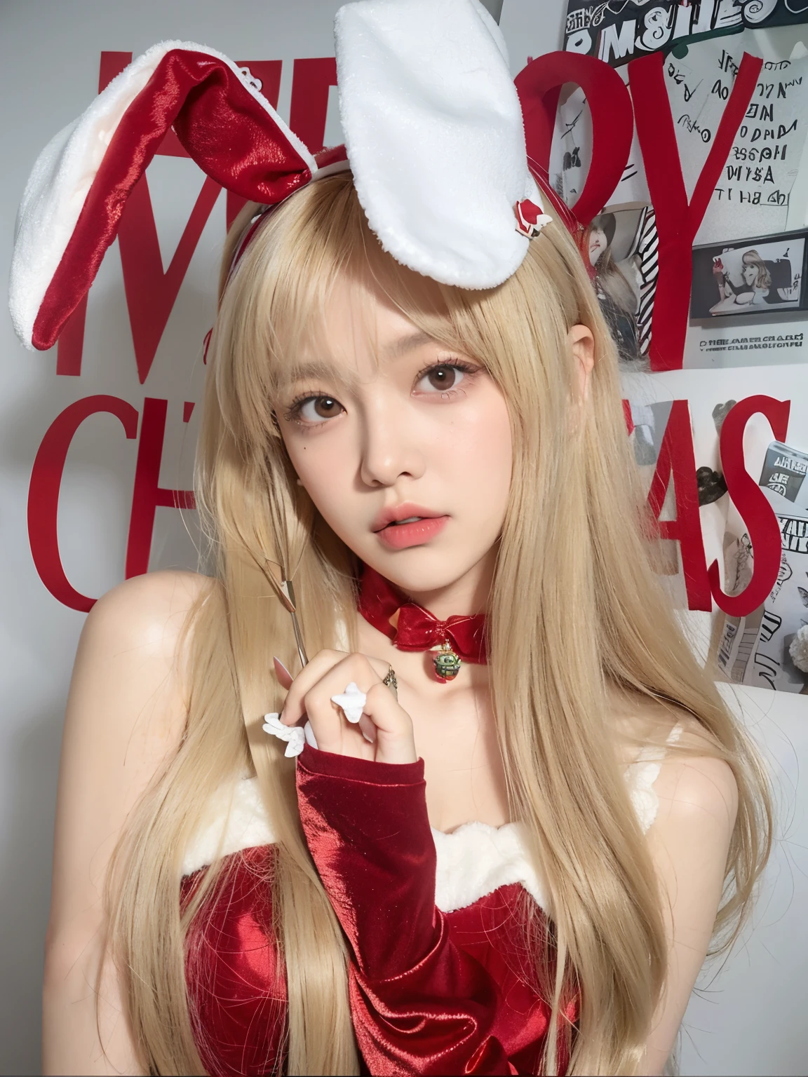A blonde-haired girl dressed in a red and white Santa Claus suit and a red bow., Dulce conejita ultrarrealista, Articulated doll with ball, con orejas de conejo largas y flexibles, Lalisa Manobal, con pelo largo blanco, con orejas de conejo, ulzzang, Sakimichan, Lalisa Manoban de Blackpink, con el pelo largo y blanco, Conejita
