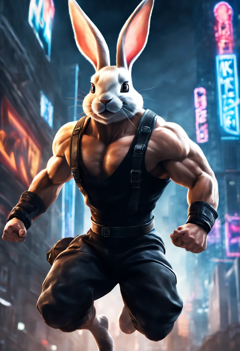 (a buff,muscular,athletic,strong) male,half (human) and half (rabbit),with (mousy blond) hair,in a (fighting) style,[intense expression, fierce gaze],[powerful kicks, precise punches, agile movements],[flexing muscles],[wearing a sleek black outfit],[dynamic pose, poised for action],[flying through the air],[leaping off a rooftop],[background of a dystopian city],[streaks of neon lights],[shadows and smoke for dramatic effect],[intense, high contrast lighting],[dramatic artwork, realistic details],[best quality,4k,8k,highres,masterpiece:1.2],ultra-detailed,(realistic,photorealistic,photo-realistic:1.37),action-packed scene.