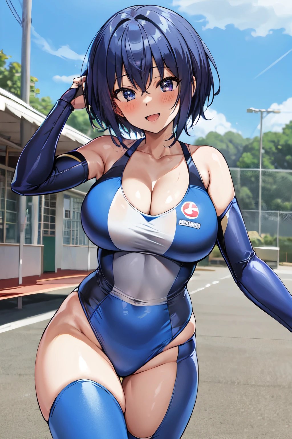 michirutojo, masterpiece, Looking at Viewer,
blue hair, large breasts,

racing suit,
Wink, Smile, Open mouth, blush,