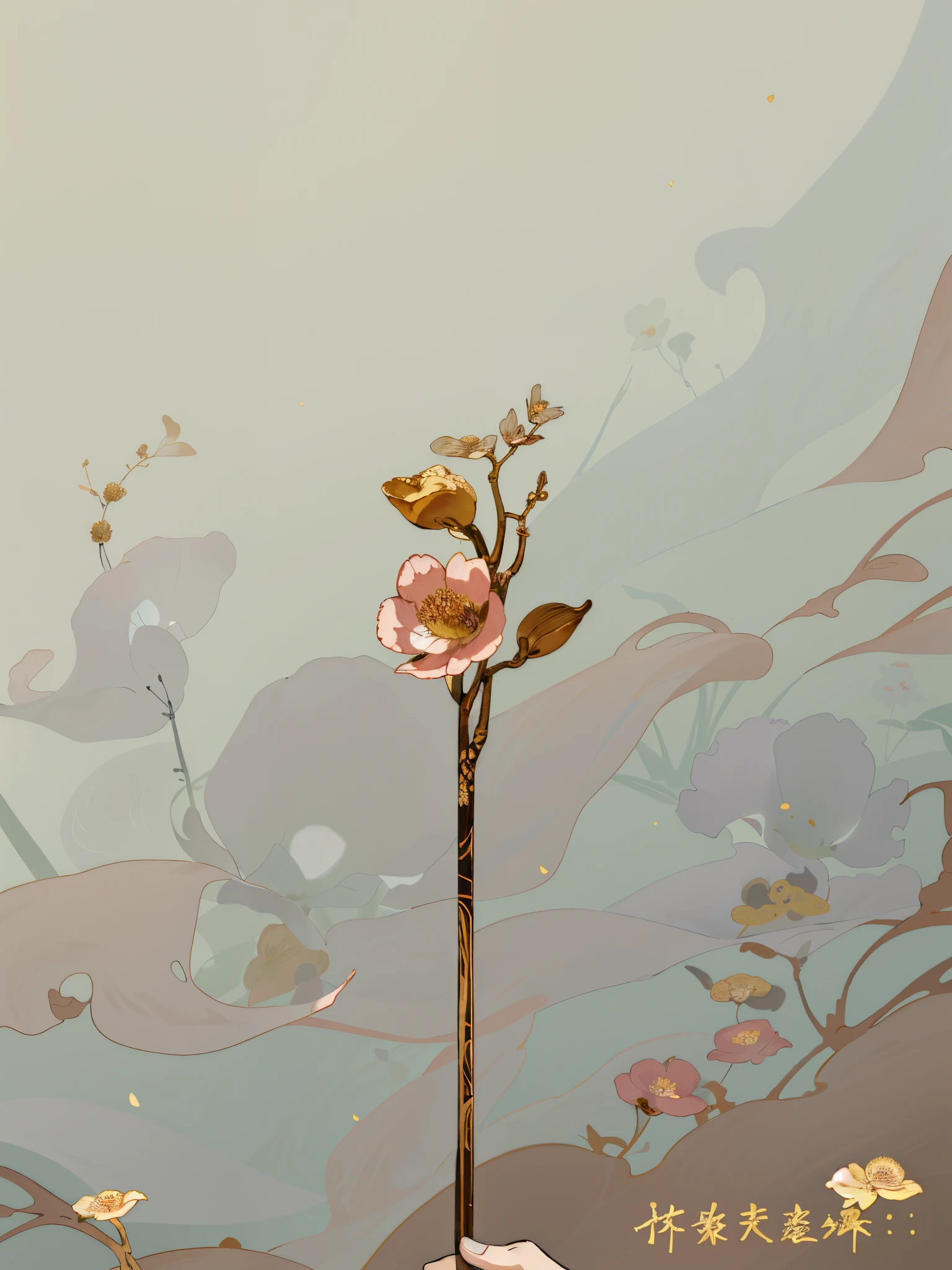 Someone is holding a small flower，There is a stem inside, Ivory and copper, Nature dot roses&#39;, dried flower, miniature product photo, depicting a flower, inspired by Katsushika Ōi, Central Plains Universe, Delicate and precise brushwork, metal orchid flower, gold flowers, flowers and stems, jinyiwei, gold flowers
