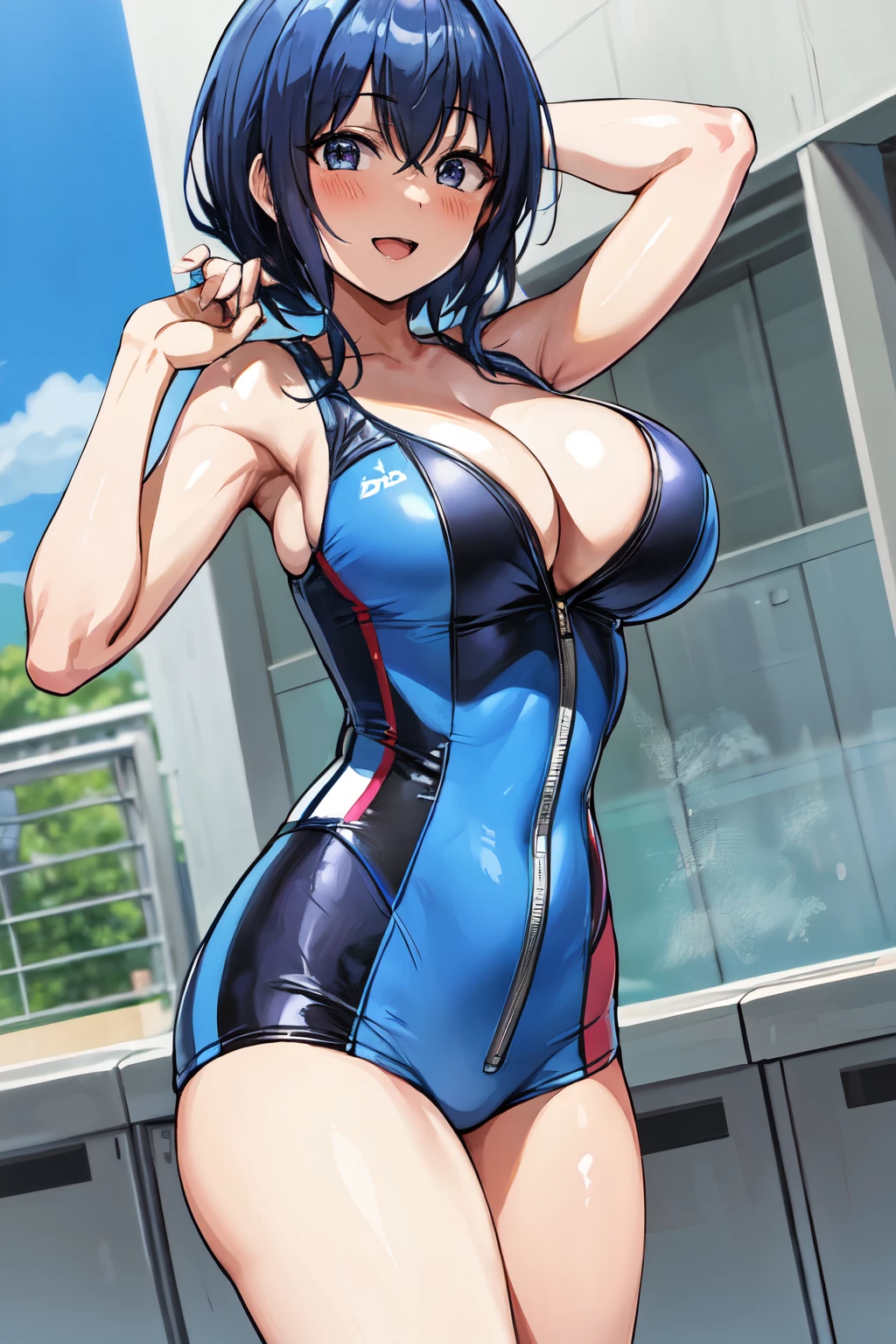 michirutojo, masterpiece, Looking at Viewer,
blue hair, large breasts,

racing suit,
Wink, Smile, Open mouth, blush,