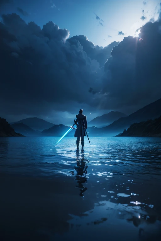 Animated scene of a man standing on a blue sword in the middle of a body of water, There is a purple-gold box in the man's hand,anime epic artwork, Starting from the night of the ark, anime wallpaper, anime backgrounds, An anime cover, 4k manga wallpapers, atmospheric anime, Stunning wallpapers, ,Artistic cover, onmyoji, anime atmospheric, anime movie backgrounds, Epic Light Novel cover