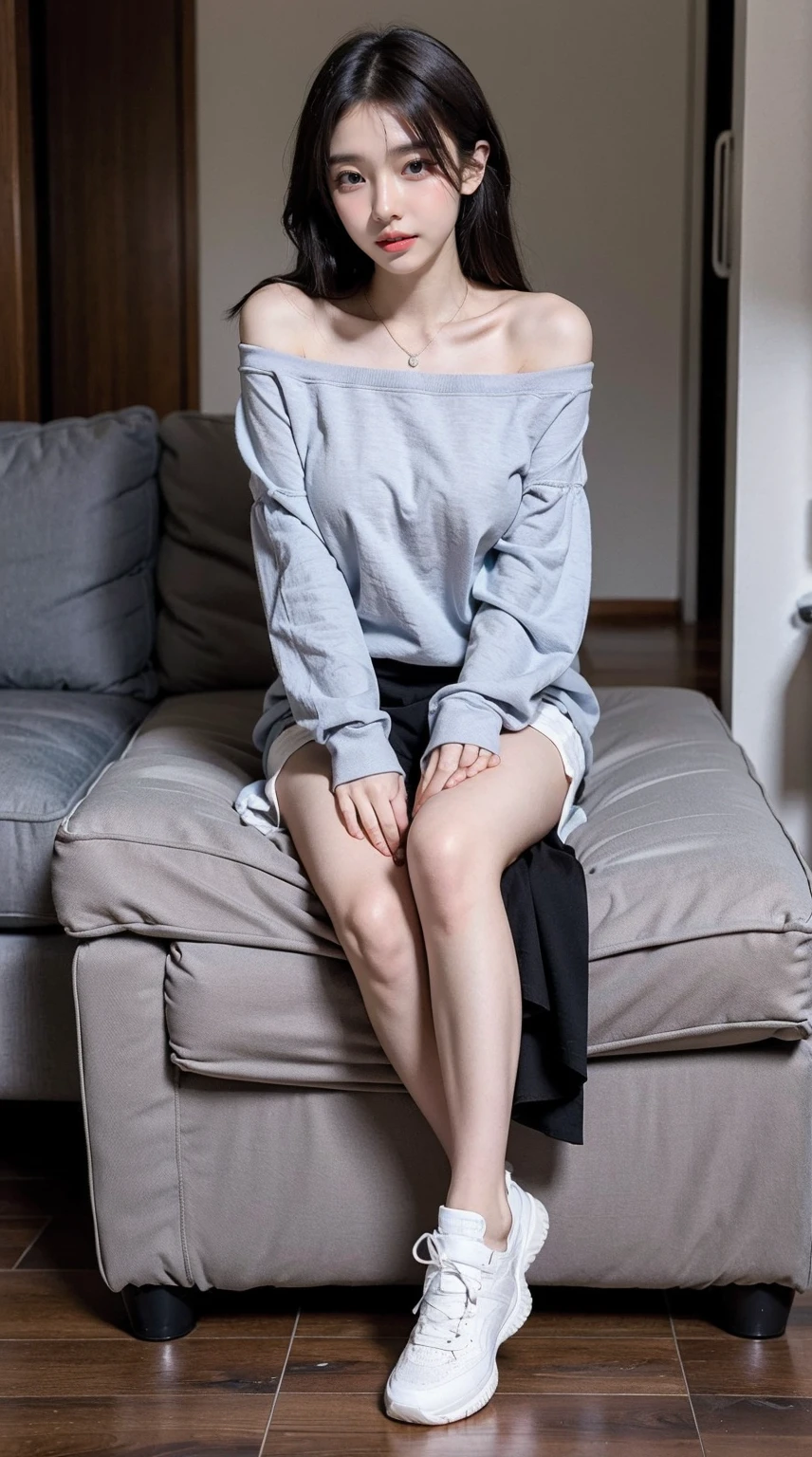 girl, Slim and beautiful body, 二重まぶた, 詳細な目, The face is very detailed, hoody, oversize clothes, Best quality, Until I see the legs, sitted, Brown hair, , hooded, Casual, Not panting, Masterpiece 1.3, 8K, Fingers tucked away in sleeves, Off-the-shoulder style, Moe Sleeves, upper legs_the gap