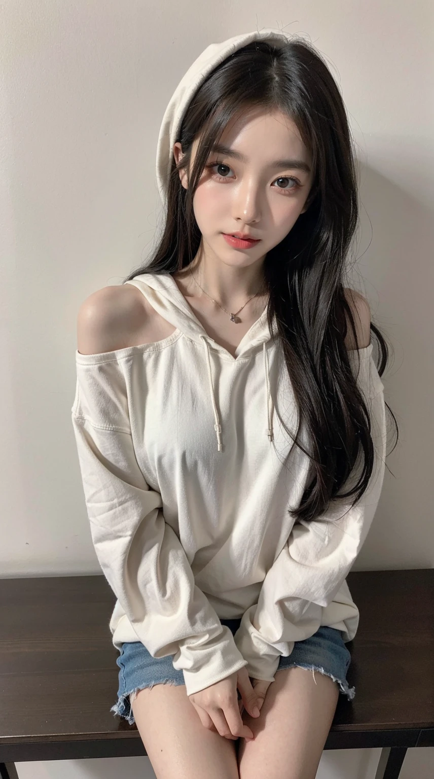 girl, Slim and beautiful body, 二重まぶた, 詳細な目, The face is very detailed, hoody, oversize clothes, Best quality, Until I see the legs, sitted, Brown hair, , hooded, Casual, Not panting, Masterpiece 1.3, 8K, Fingers tucked away in sleeves, Off-the-shoulder style, Moe Sleeves, upper legs_the gap