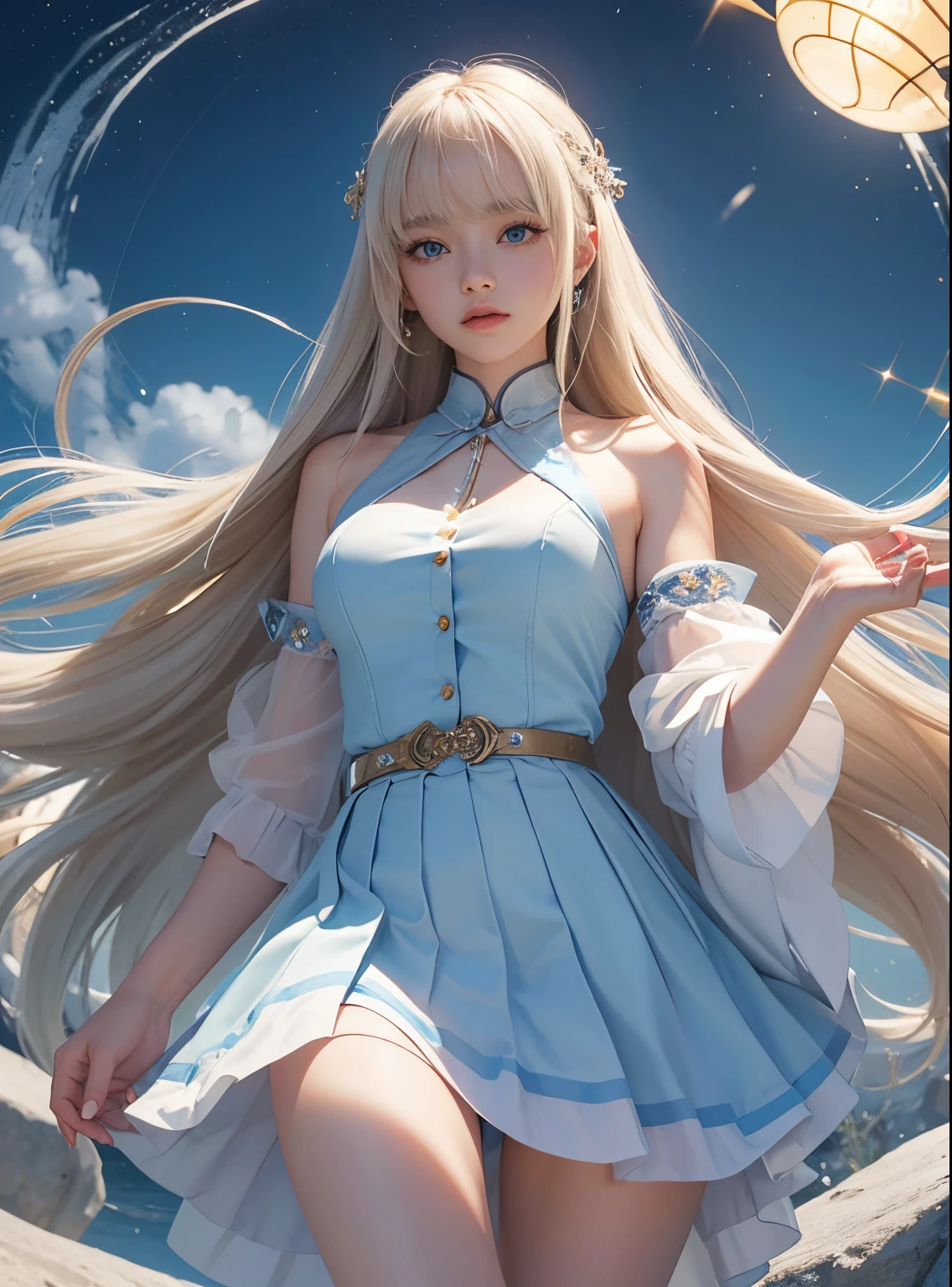 Swaying bangs、Very beautiful 15 year old cute girl、mini-skirtair skin, young and beautiful、Sexy and very beautiful looking、very cute face,With ultimate beauty、extra long platinum blonde hair、Smooth long straight hair、Big blue eyes sparkle with transparent light、二重まぶた、eyeline、校服、Increased bust circumference
