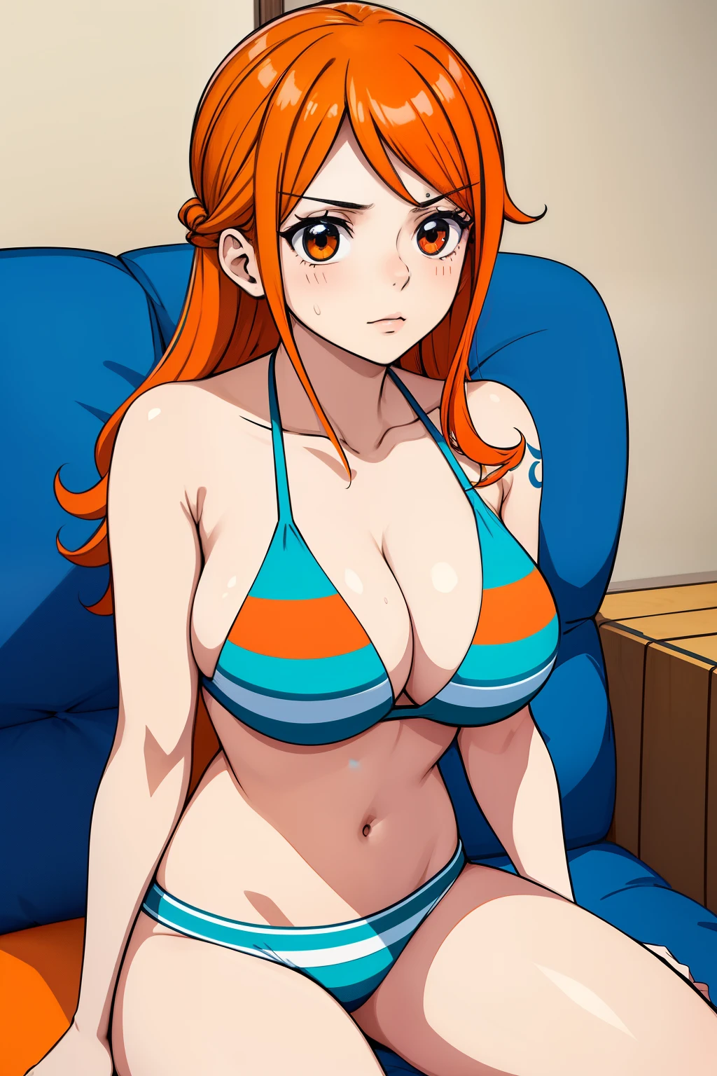 Cute girls,ojos marrones redondos, cabello naranja、sin sujetador、Peinado liso medio a largo,Tatuaje de molino de viento en el hombro izquierdo、(Bigboobs,lleva un bikini naranja,sexy,En una casa de alquiler,sitting on the couch,Noche,estaba lloviendo afuera,Upper body is wet.,cuerpo entero,lleva una braguita azul y un bikini naranja
