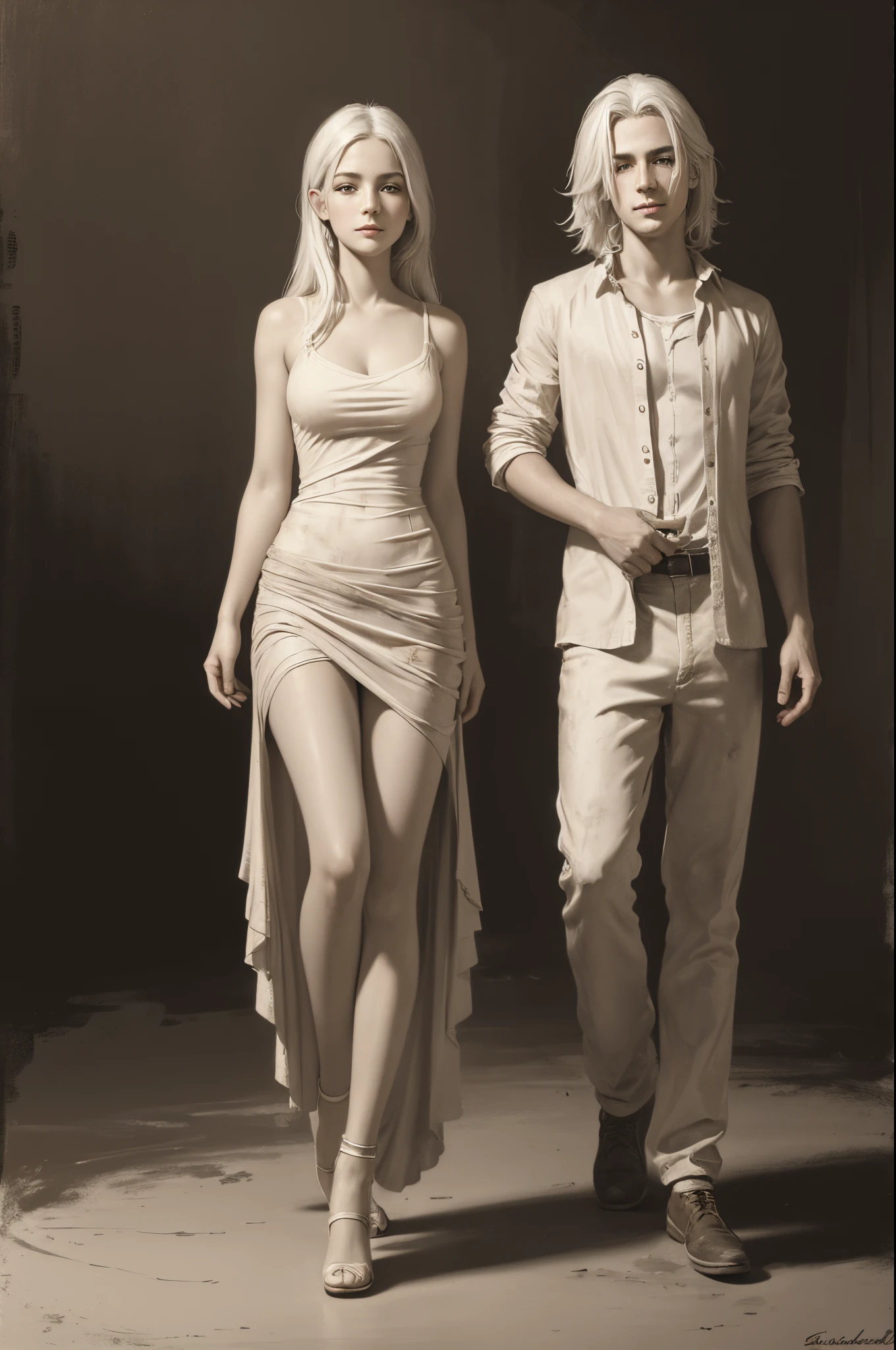 sepia monochrome, soft impressionists brushstrokes, girl and boy,full body, white hair, small smile, intimate, fickle face, perfect anatomy, hyper 8K detailed painting, 8k resolution concept art