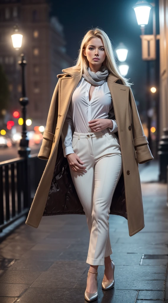 professional full body photo, (4k photo:1.1) by (Jeremy Lipking:0.3), (Dittmann Anna:0.3), (Arian Mark:0.3), (Sharp focus:1.erfect face, Great lightning, high detail, blond hair, Instagram model pose, confident, fit girl, lean girl, L breasts:1.2, perfect anatomy, perfect symmetry:1.2, realistic, realistic face:1.2, perfect face, happy, confident, highly detailed, and dramatic, cinematic lighting, bright scene, soft lights, light blue eyes, 21 years old, luxury, horny, hourglass body shape, athletic build, nice legs, nice feet, Sexy lady, walking in park, light brown Kashmir coat, scarf, sfw, French style park, at night, white shirt, classy pant's, focus on park, Walk in park at night, taken with Canon EOS R5, 50mm lens, f/2.8, HDR, (8k), (film lighting), (dramatic lighting), (Sharp focus), (complex), (body of varied colors, heelull body shot)), Various positionterior background in park at night))), Large distance between model and camera